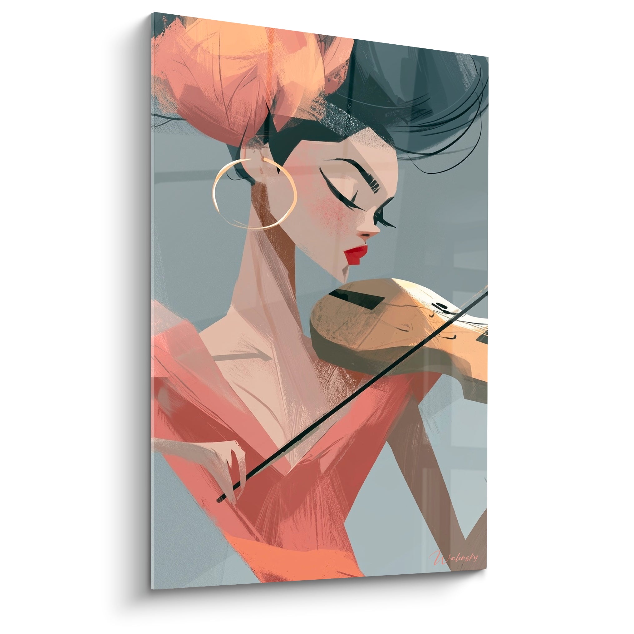 Violoniste au profil serein, robe terracotta et fond gris ardoise, violon doré dans un style graphique épuré