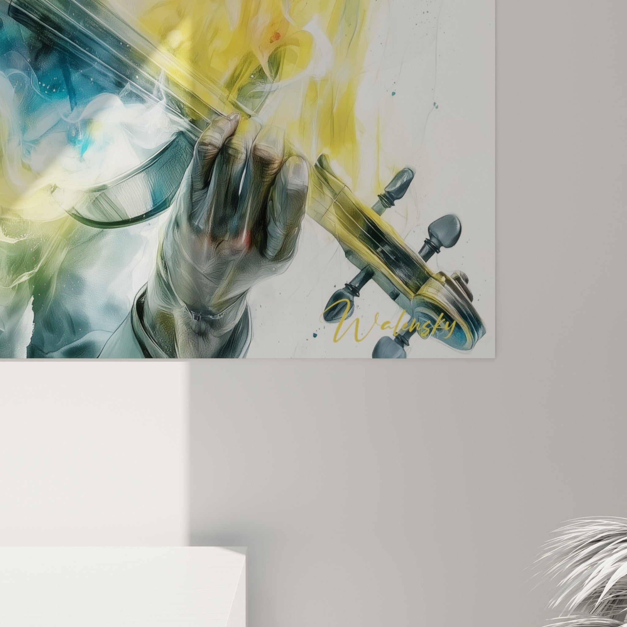 Empâtements de peinture bleu et jaune se fondant en coulures fines autour des mains du violoniste