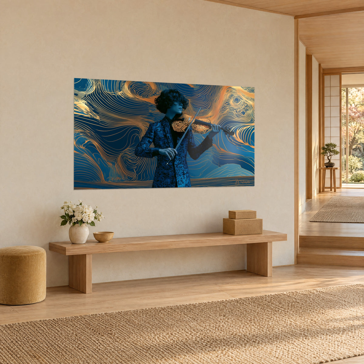 Wall art musician with raised bow, navy floral jacket and copper swirls, light wood bench and japandi hallway