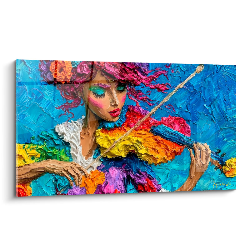 Tableau Musique violon multicolore fond bleu turquoise violoniste chevelue - Chevelure flamboyante - Edition Musique