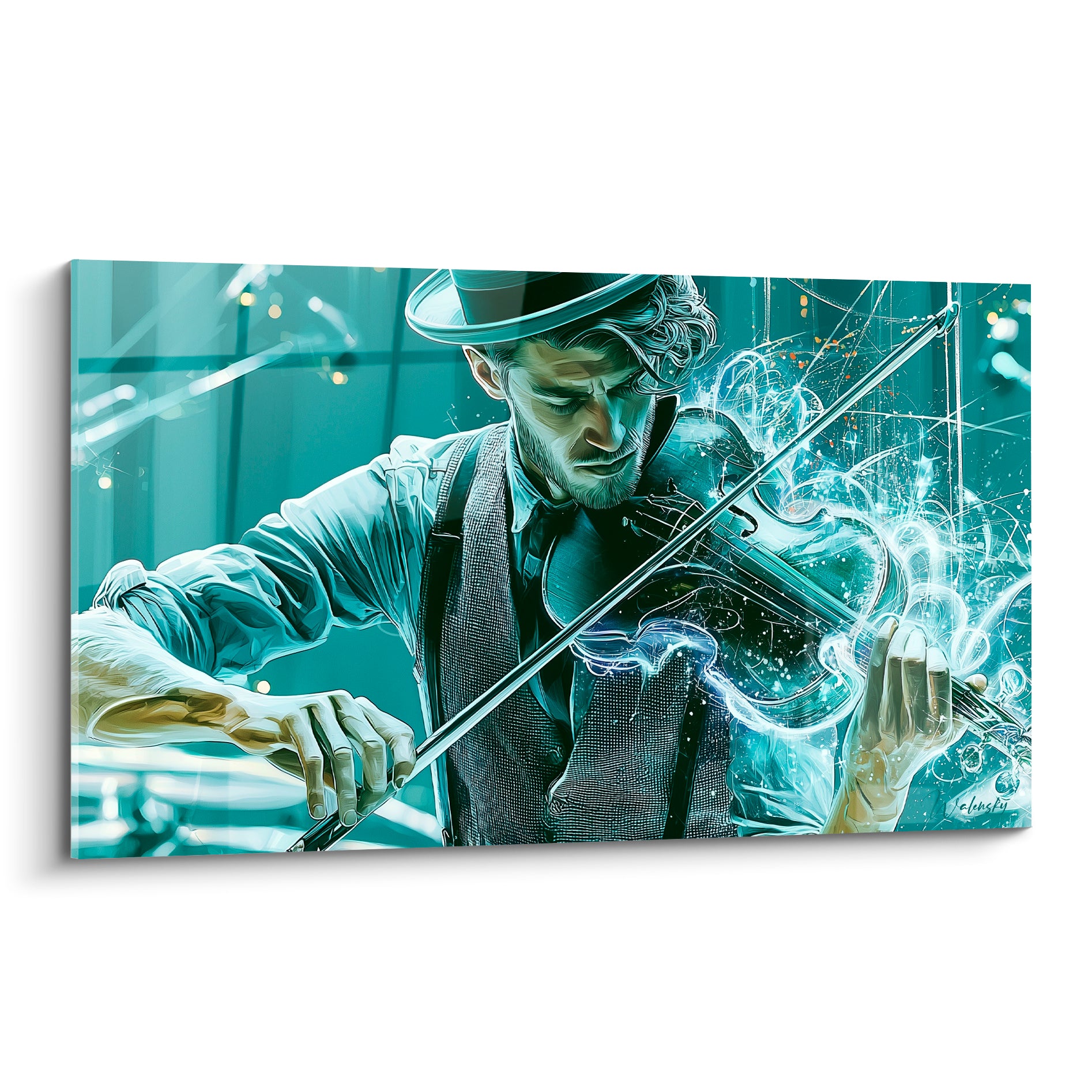 Violoniste au haut-de-forme jouant, tons turquoise et anthracite, étincelles blanches jaillissant de l'archet