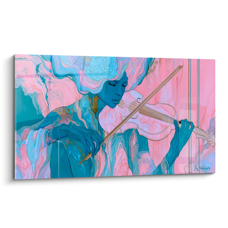 Tableau Musique bleu turquoise et rose marbré violoniste - Chevelure ondoyante marbrée - Edition Musique