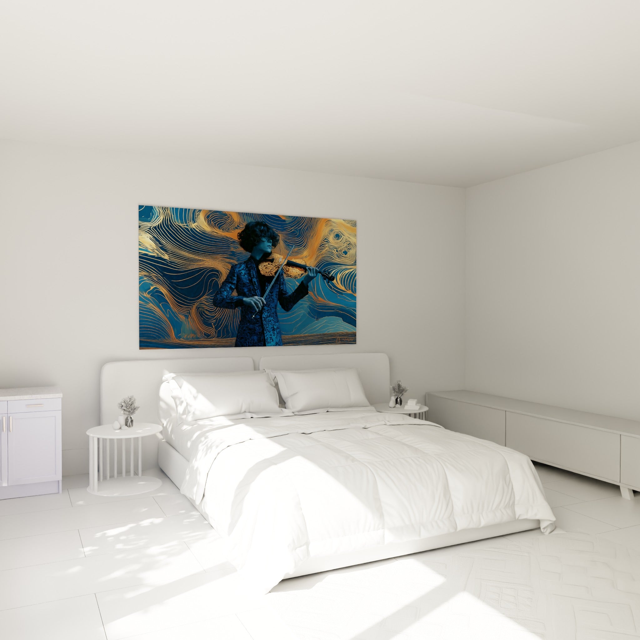 Musicien en bleu marine et reflets dorés joue du violon au-dessus d'un lit dans une chambre claire