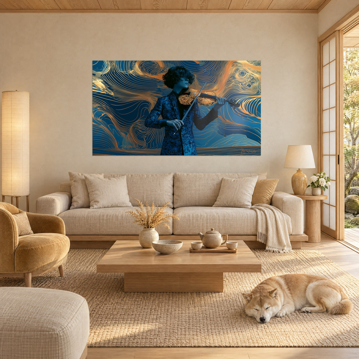 Wall art violinist with brown curls against copper and midnight blue lines, sleeping Shiba, above a sofa in a bright living room