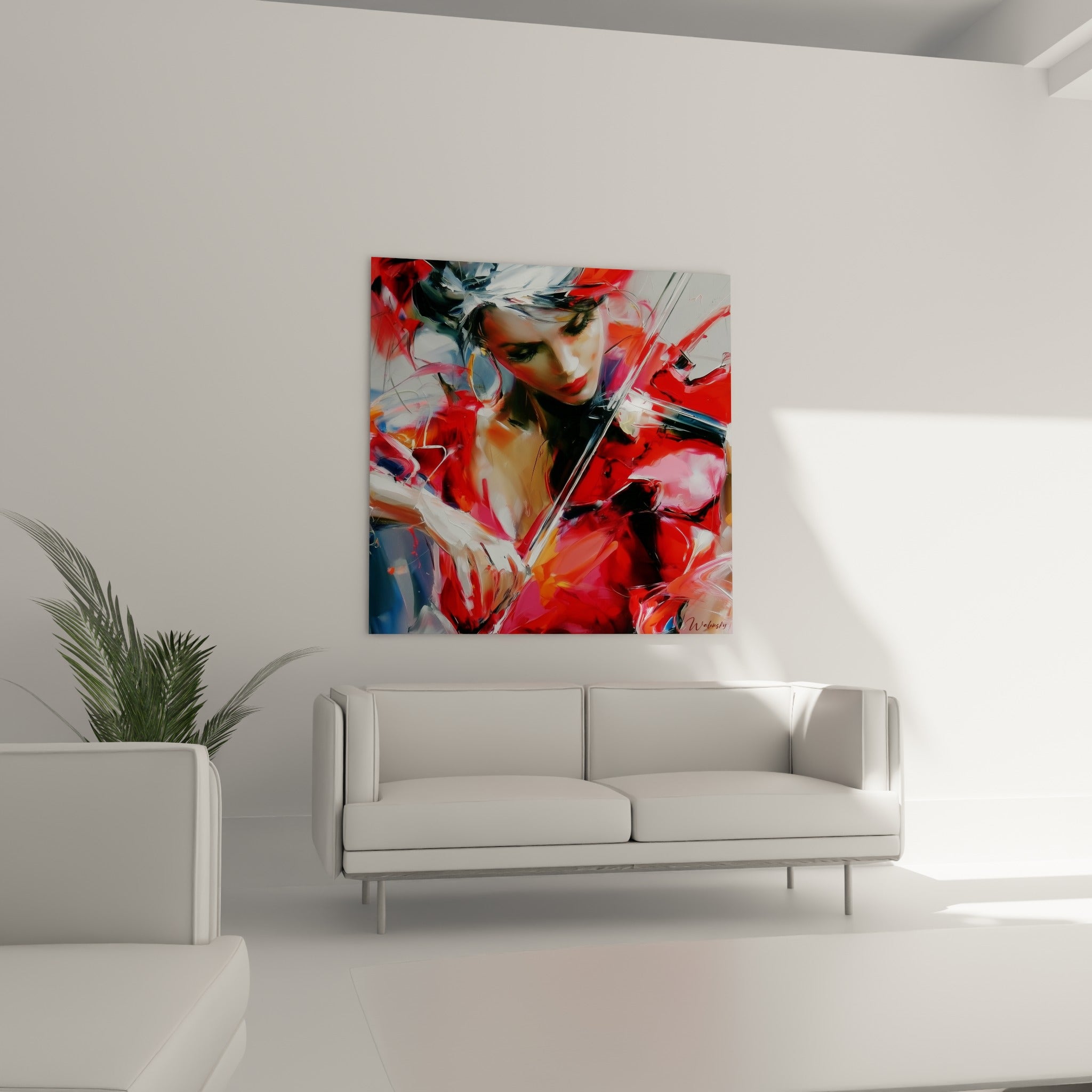 Violoniste au visage penché, tons rouges et orangés, au-dessus d'un canapé dans un salon lumineux