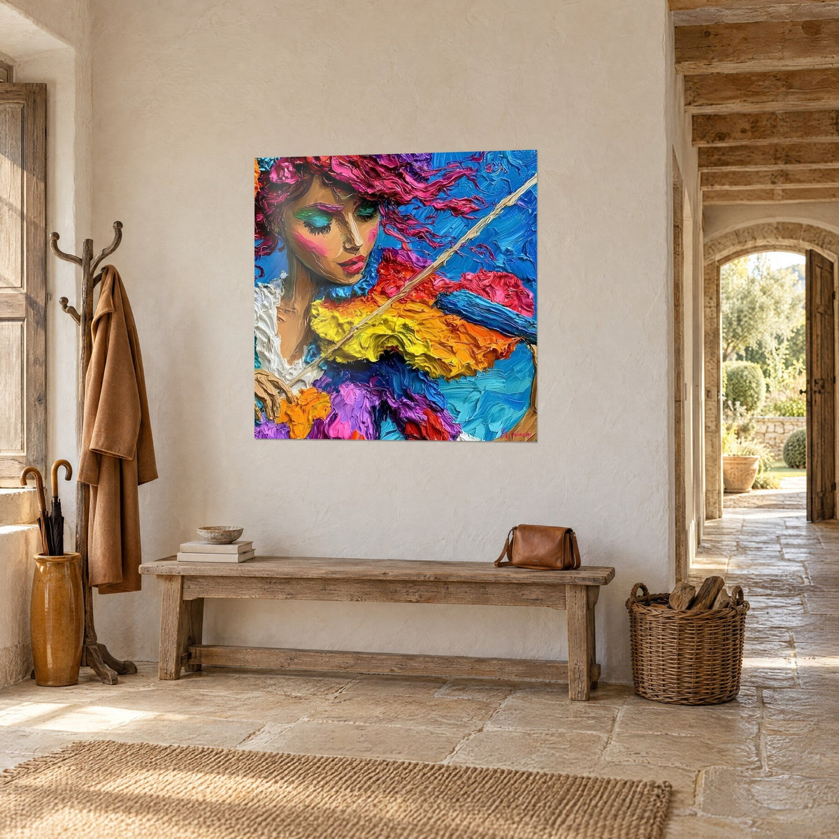 Cuadro música de párpados verde esmeralda, labios rojos, fondo azul celeste en empastes, colgado sobre un banco de madera antigua