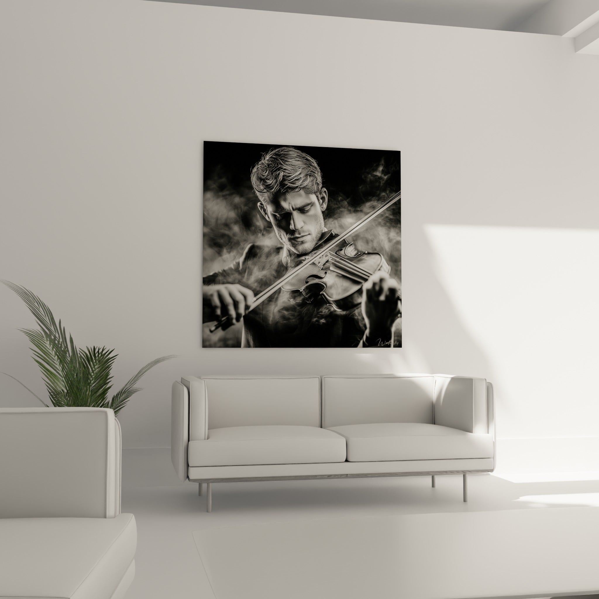 Archet glissant sur les cordes d'un violon, tons gris et blancs intenses, au-dessus d'un canapé dans un salon lumineux