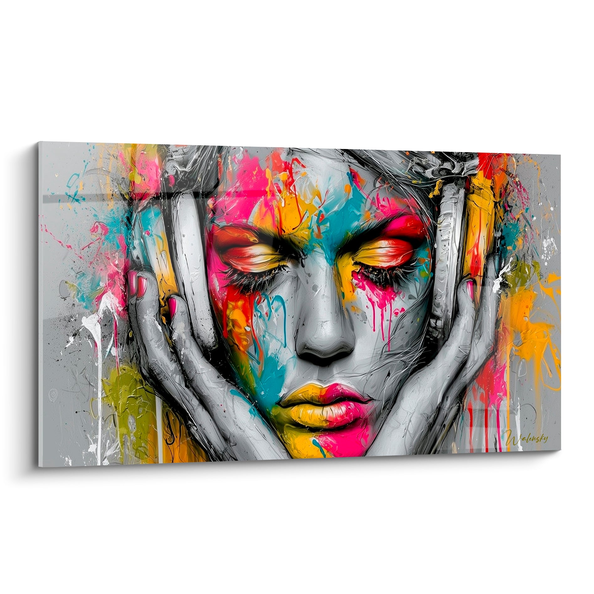Visage aux yeux clos, éclaboussures roses et turquoise, mains sur casque, tableau Musique expressif