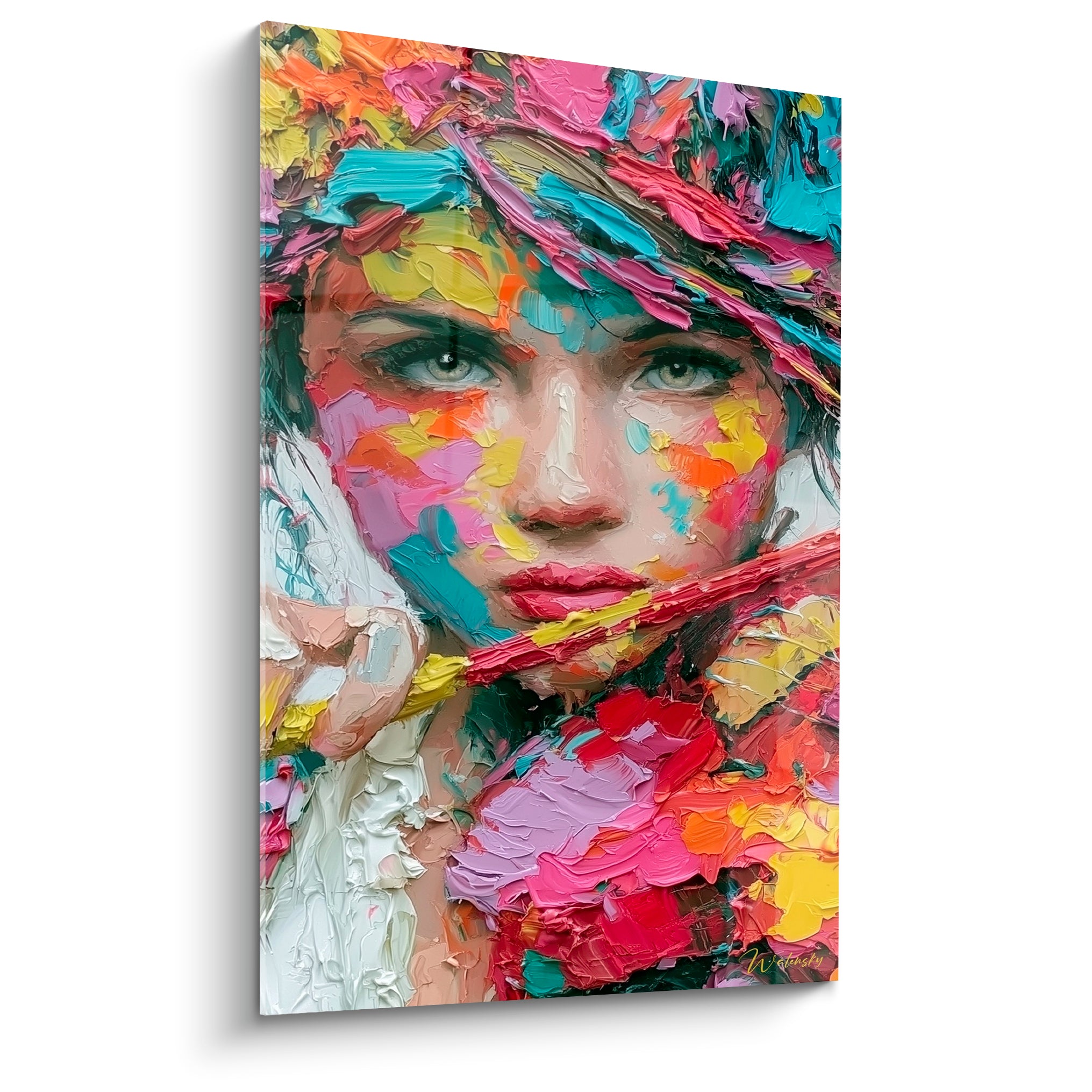 Musique en portrait rose, turquoise et jaune, touches épaisses au couteau, regard clair perçant