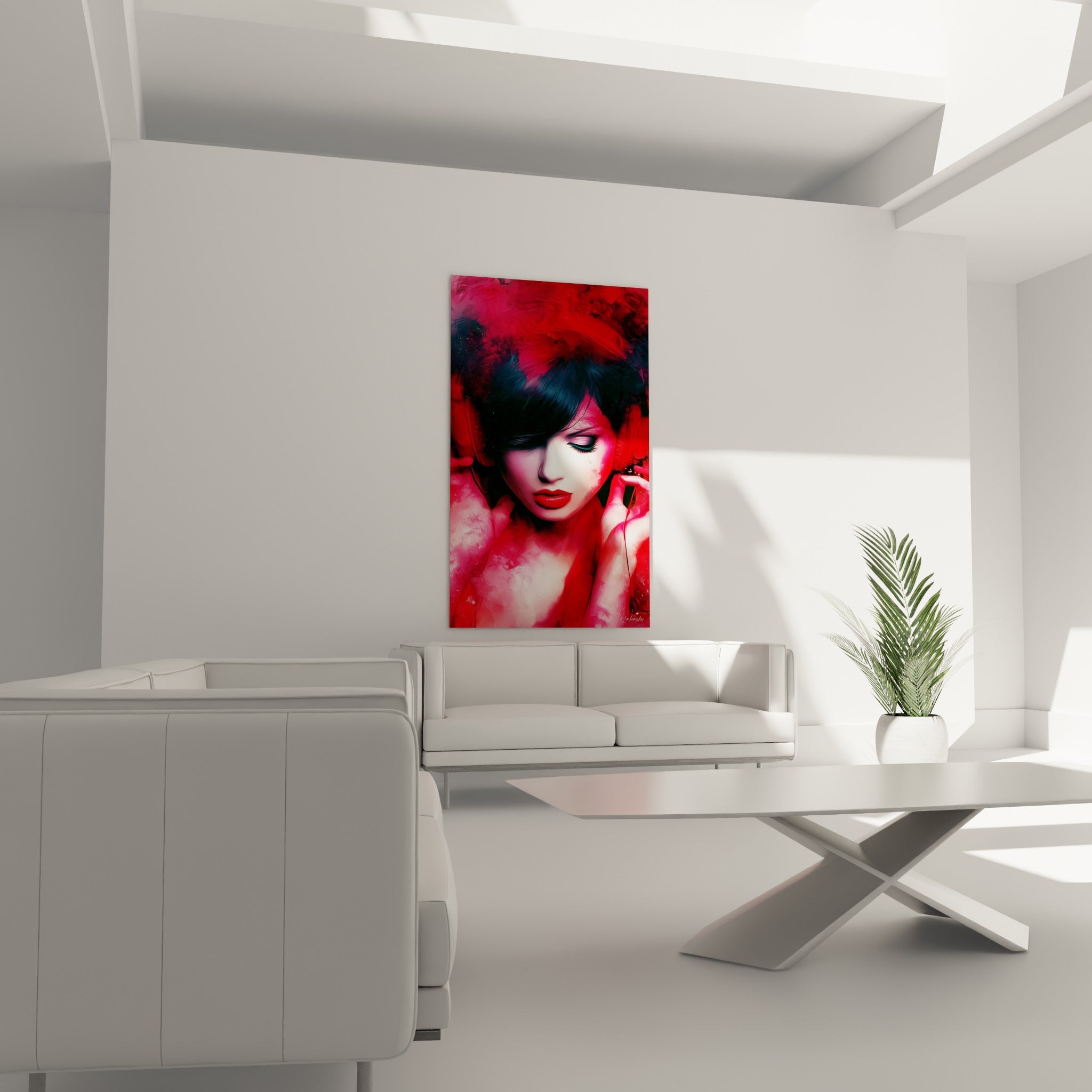 Visage penché aux tons rouge fauve et anthracite, mains sur le casque, au-dessus d'un canapé dans un salon lumineux