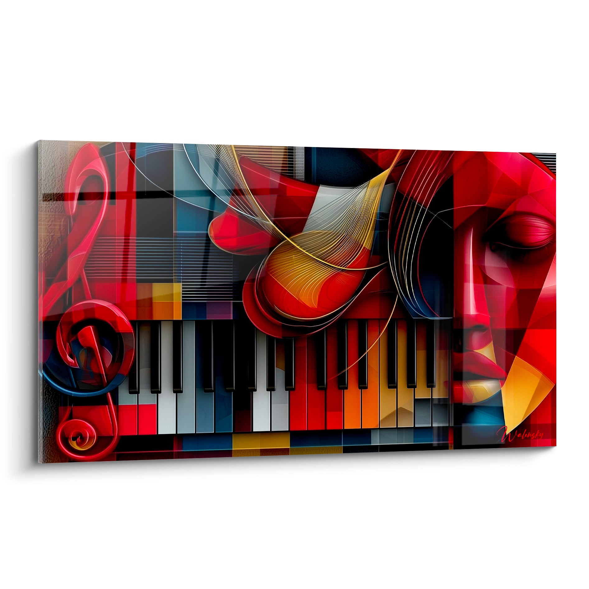 Visage fragmenté rouge et clavier de piano doré, tableau musique cubiste aux tons anthracite et bleu marine