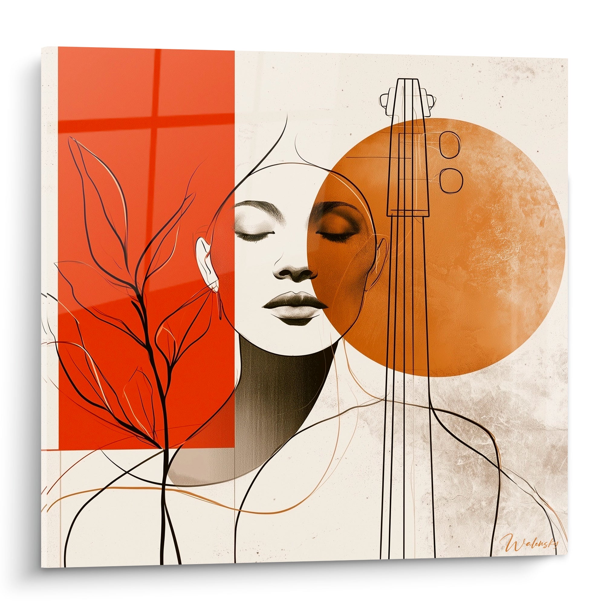 Musique visage aux yeux clos, bloc terracotta et cercle ocre, lignes fines de guitare superposées