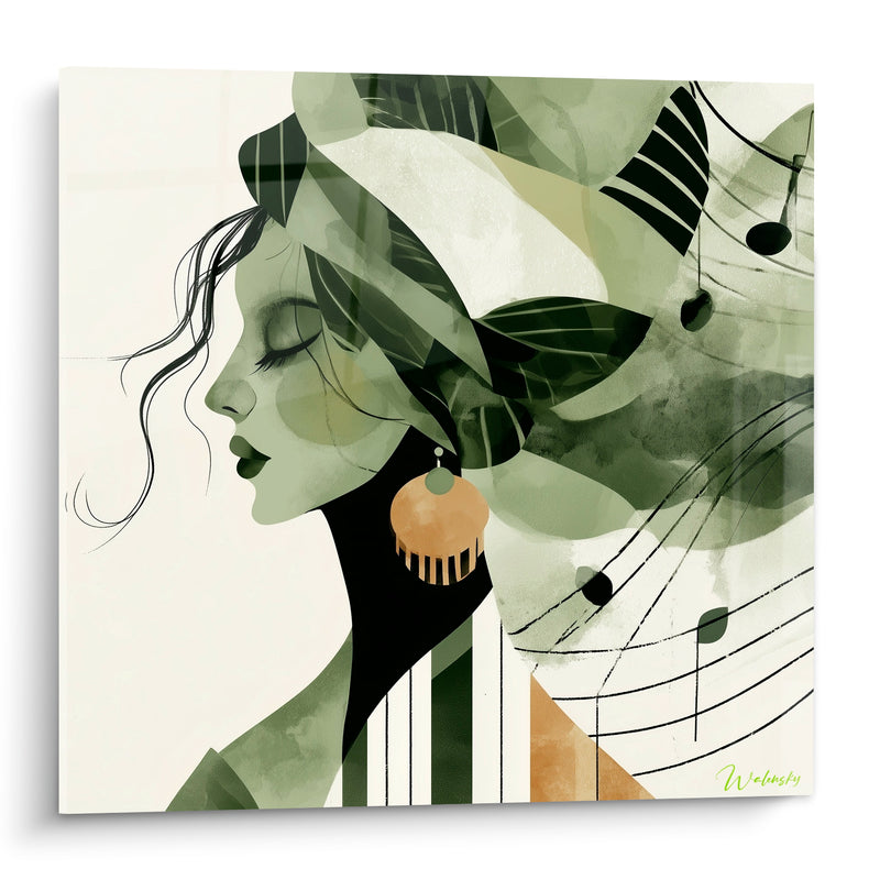 Tableau Musique visage vert sauge notes dorées - Silence en mélodie - Edition Musique