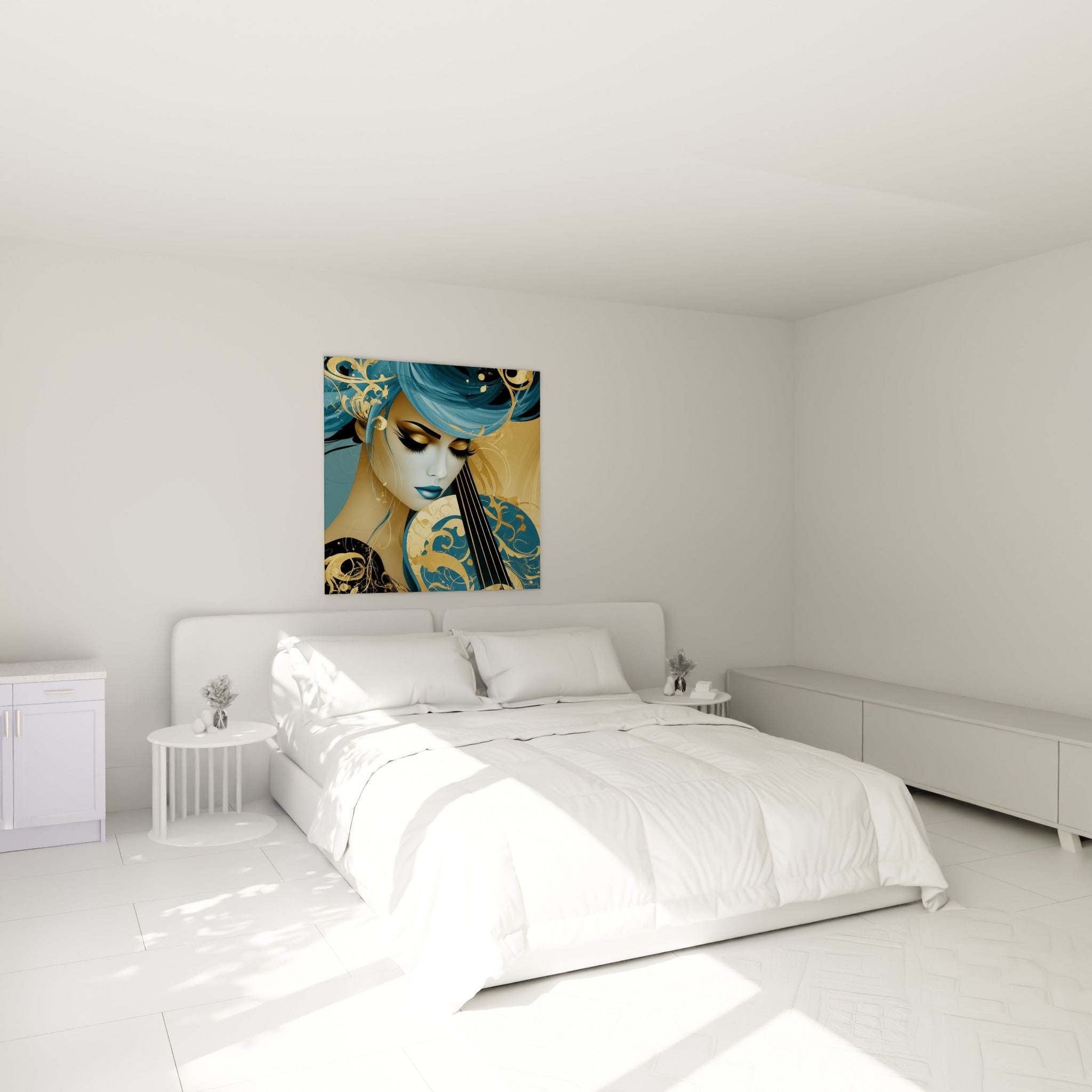 Violoncelliste rêveuse en bleu et doré au-dessus d'un lit dans une chambre claire