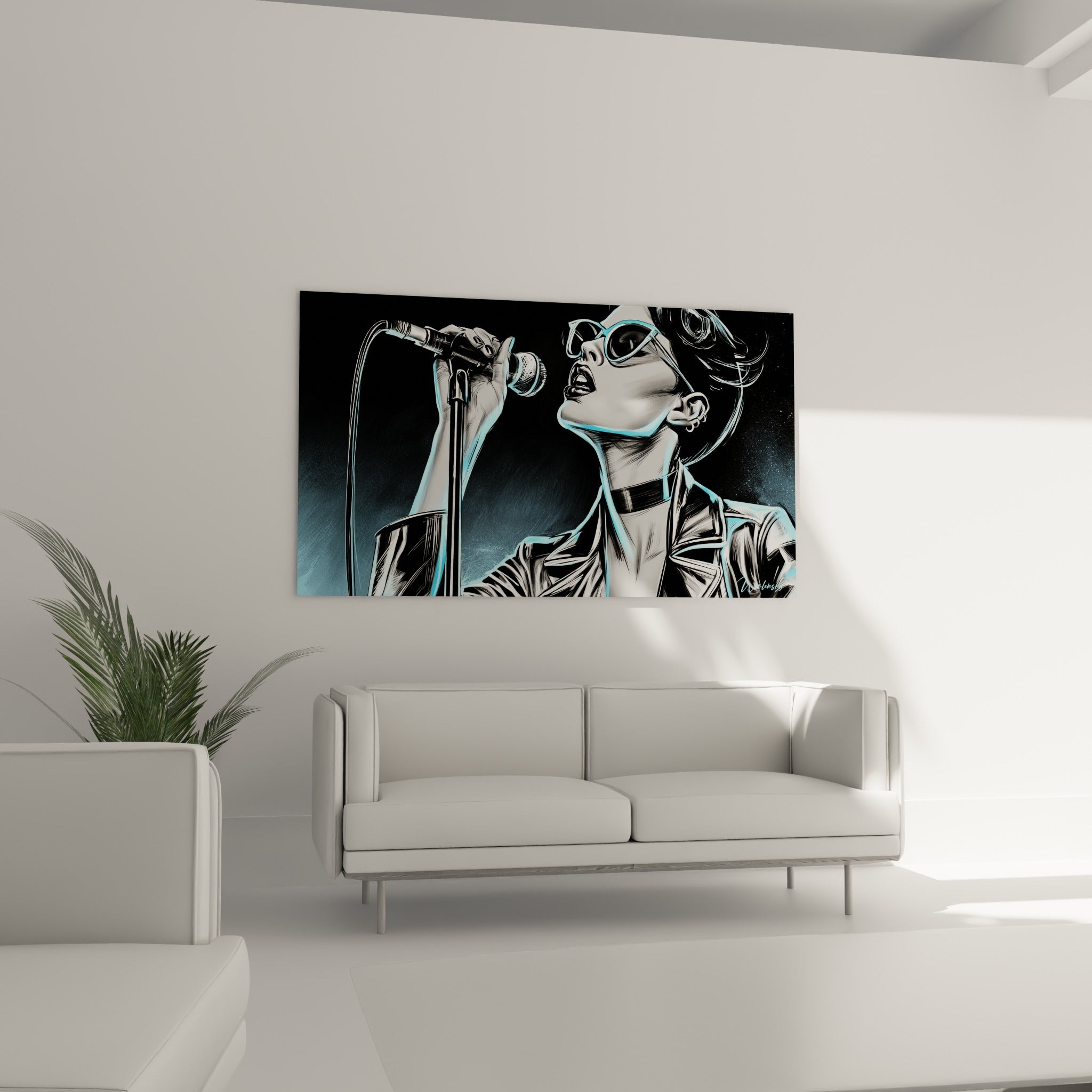 Silhouette rock aux lunettes teintées et col noir, éclat bleuté saisissant, au-dessus d'un canapé dans un salon lumineux