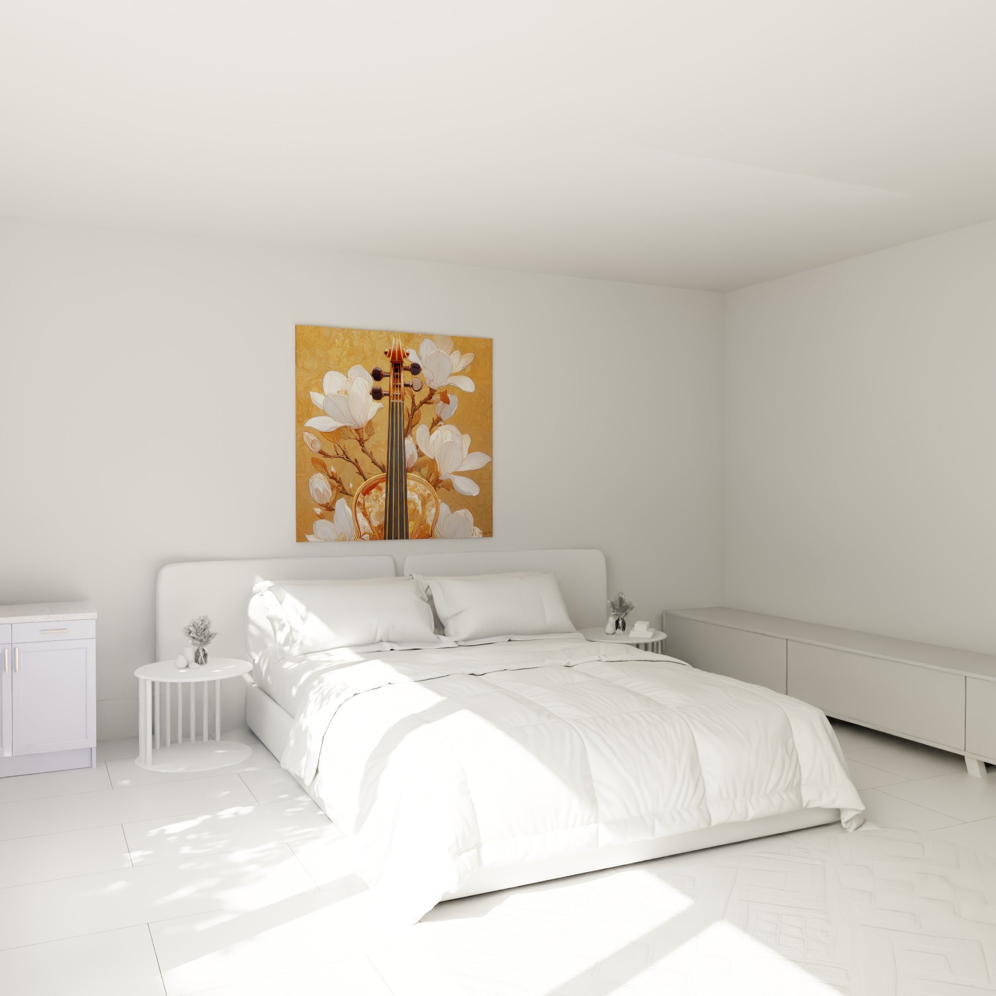 Manche de violon doré parmi des pétales blancs, tableau Musique au-dessus d'un lit dans une chambre claire