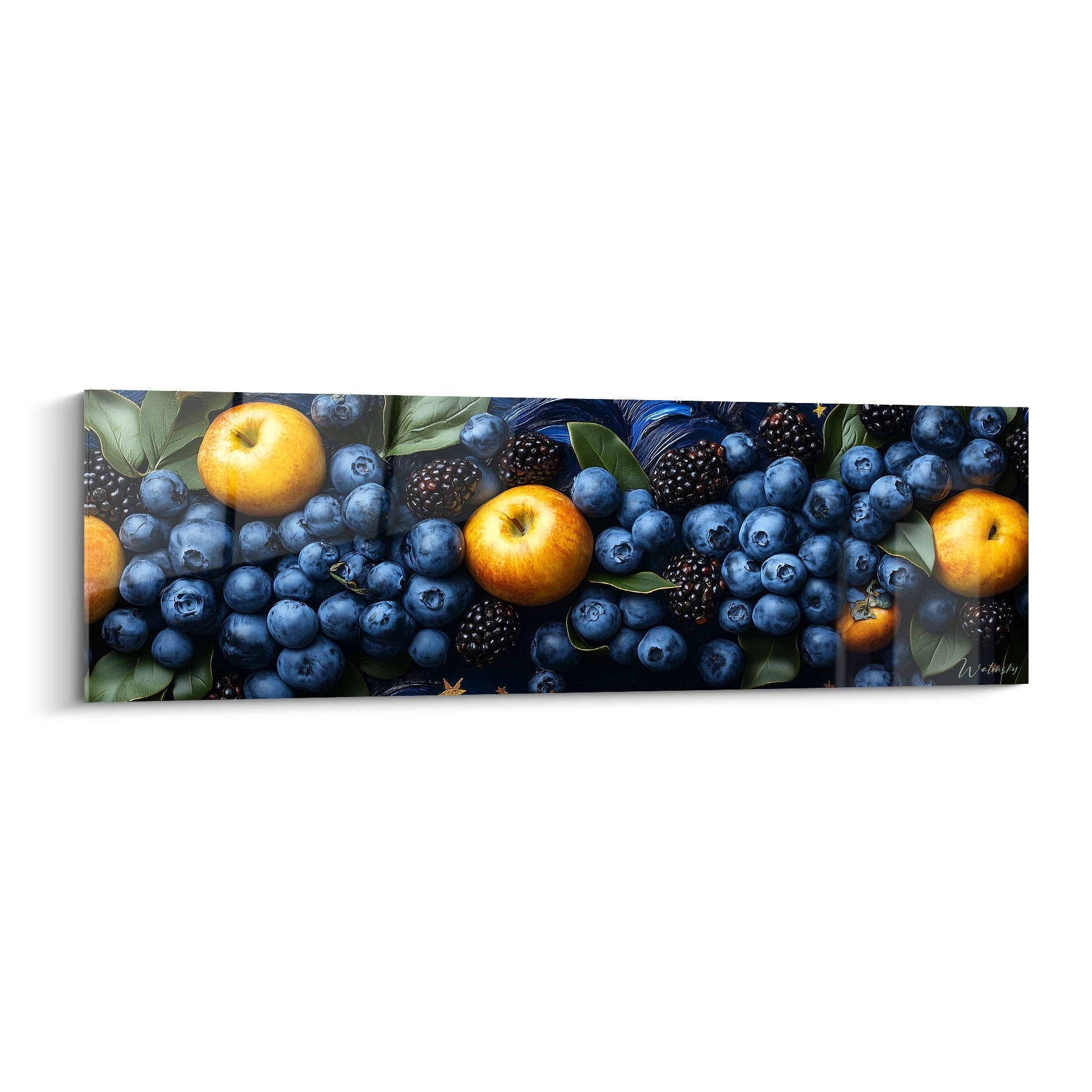 Un tableau artistique représentant des fruits variés sur fond bleu nocturne, avec des myrtilles et mûres abondantes, des pommes dorées, des feuilles vertes et des étoiles dorées tourbillonnantes évoquant une galaxie fruitée.

