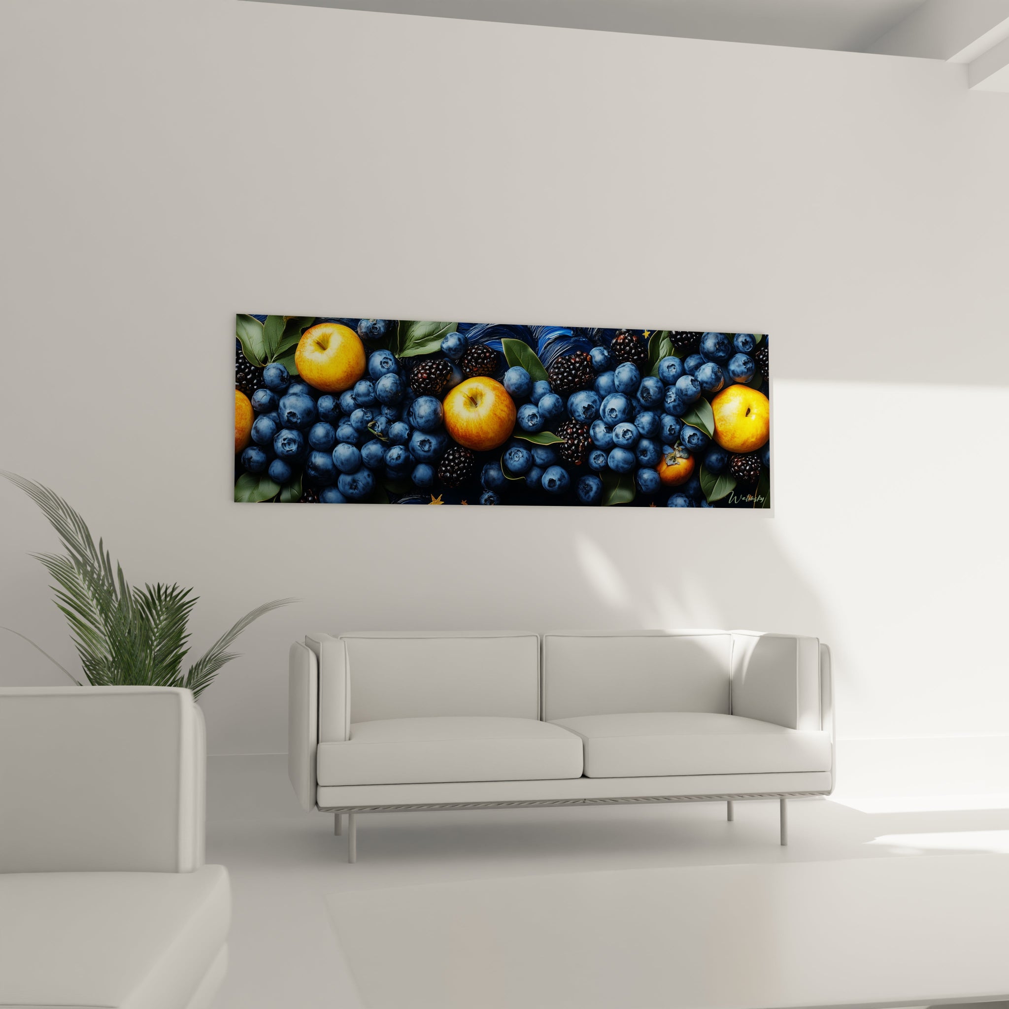 Un tableau fruits célestes présentant un contraste saisissant entre des baies bleues et noires, des pommes orangées brillantes et un fond cosmique aux tourbillons bleu profond décoré d'étoiles dorées, créant une fusion entre terrestre et céleste.
