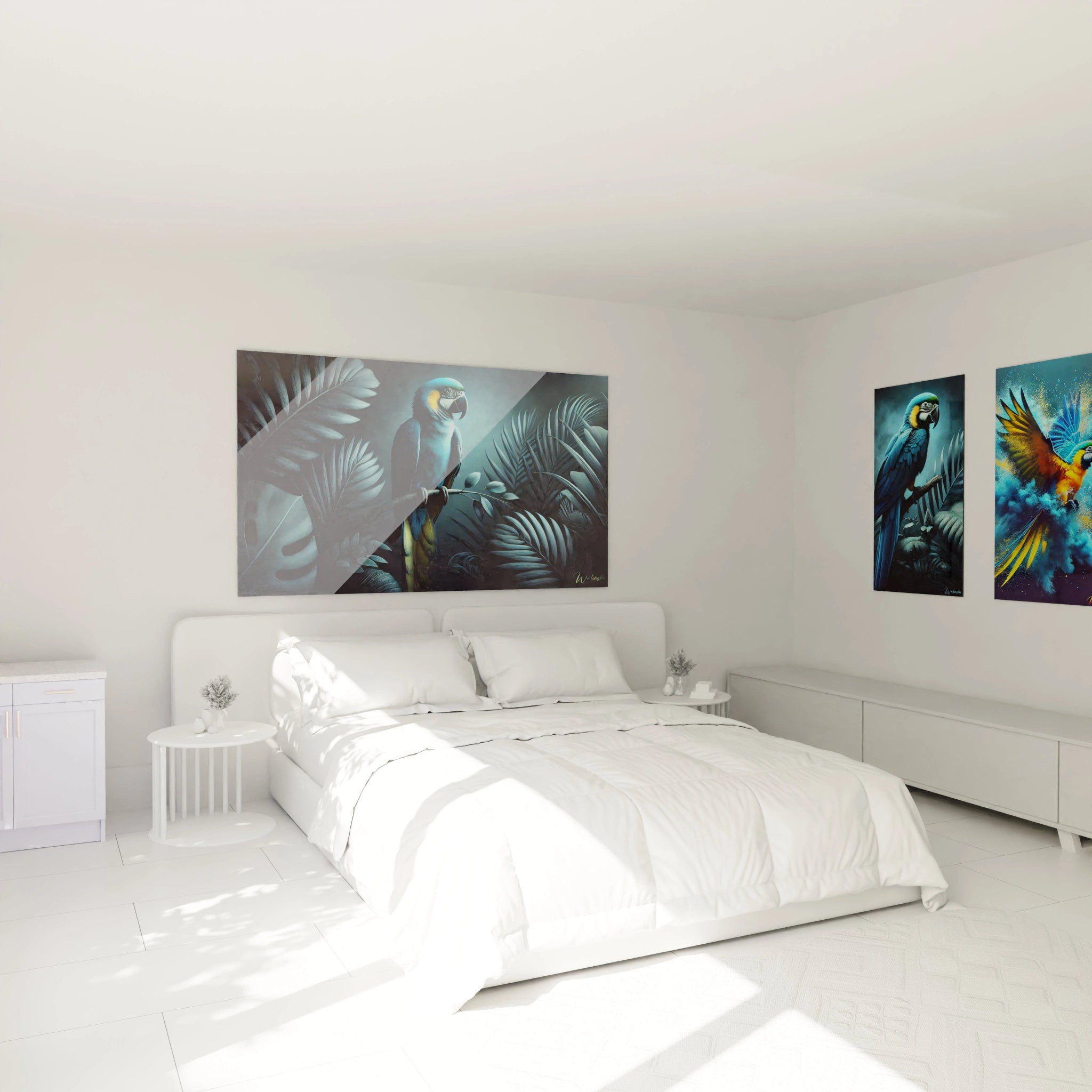 Installez ce tableau perroquet dans votre chambre pour une ambiance sereine et apaisante. Accroché au-dessus du lit, il apporte un charme exotique et une atmosphère zen à votre espace.