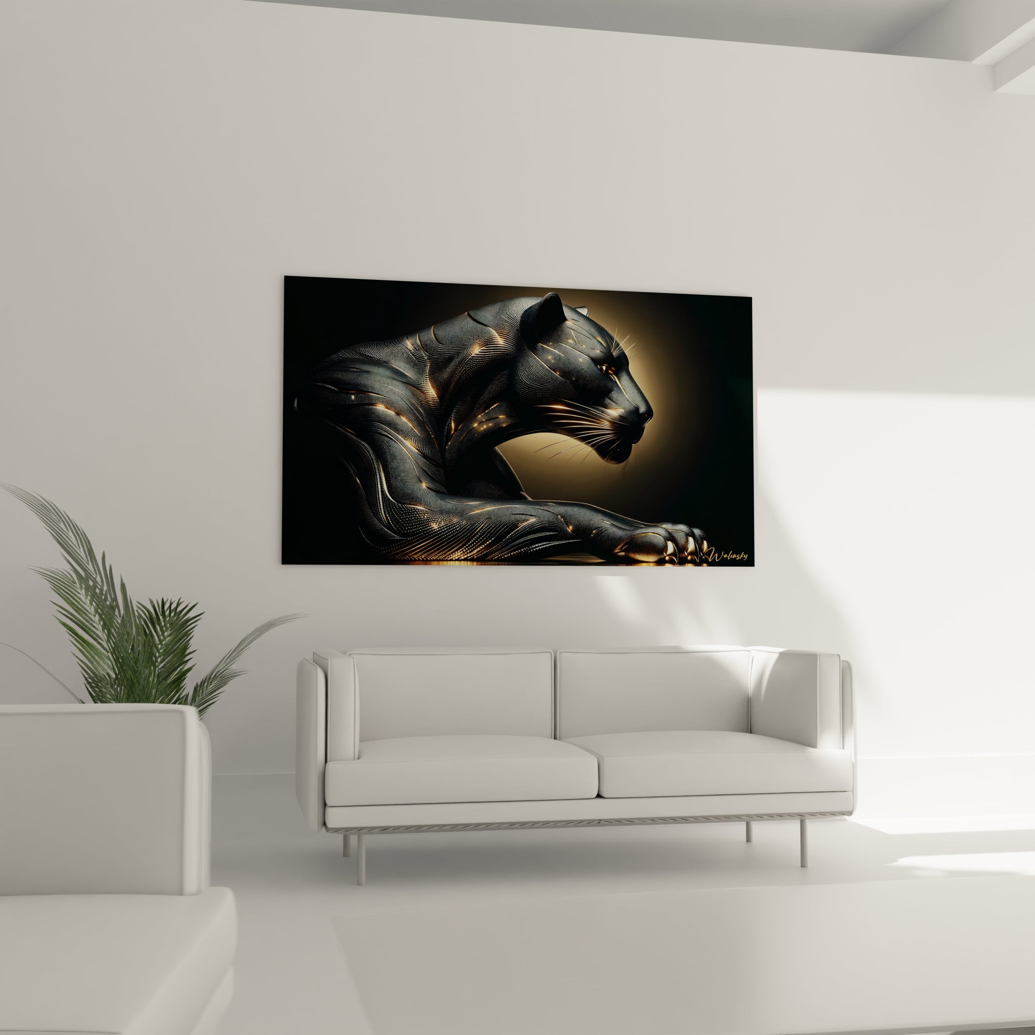 Un tableau d'animal figurant une panthère noire au corps texturé de points minuscules et de lignes dorées brillantes. L'aspect de la surface évoque un travail d'orfèvrerie ou une sculpture moderne avec des éléments lumineux traversant le corps sombre. Les contours épurés et les reflets dorés créent un effet dramatique sur l'arrière-plan obscur.
