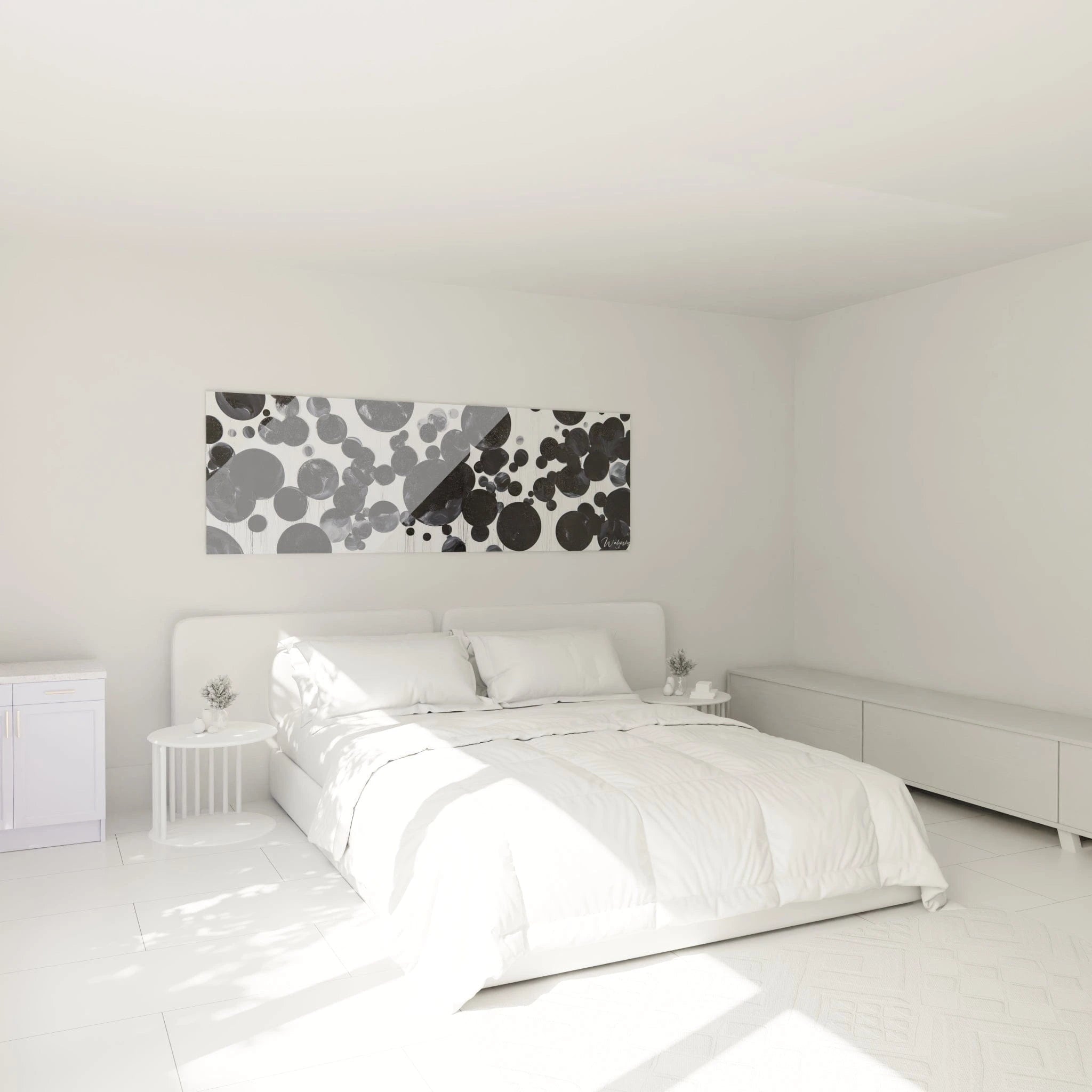 Tableau tacheté noir et blanc de Walensky dans une chambre moderne au style épuré