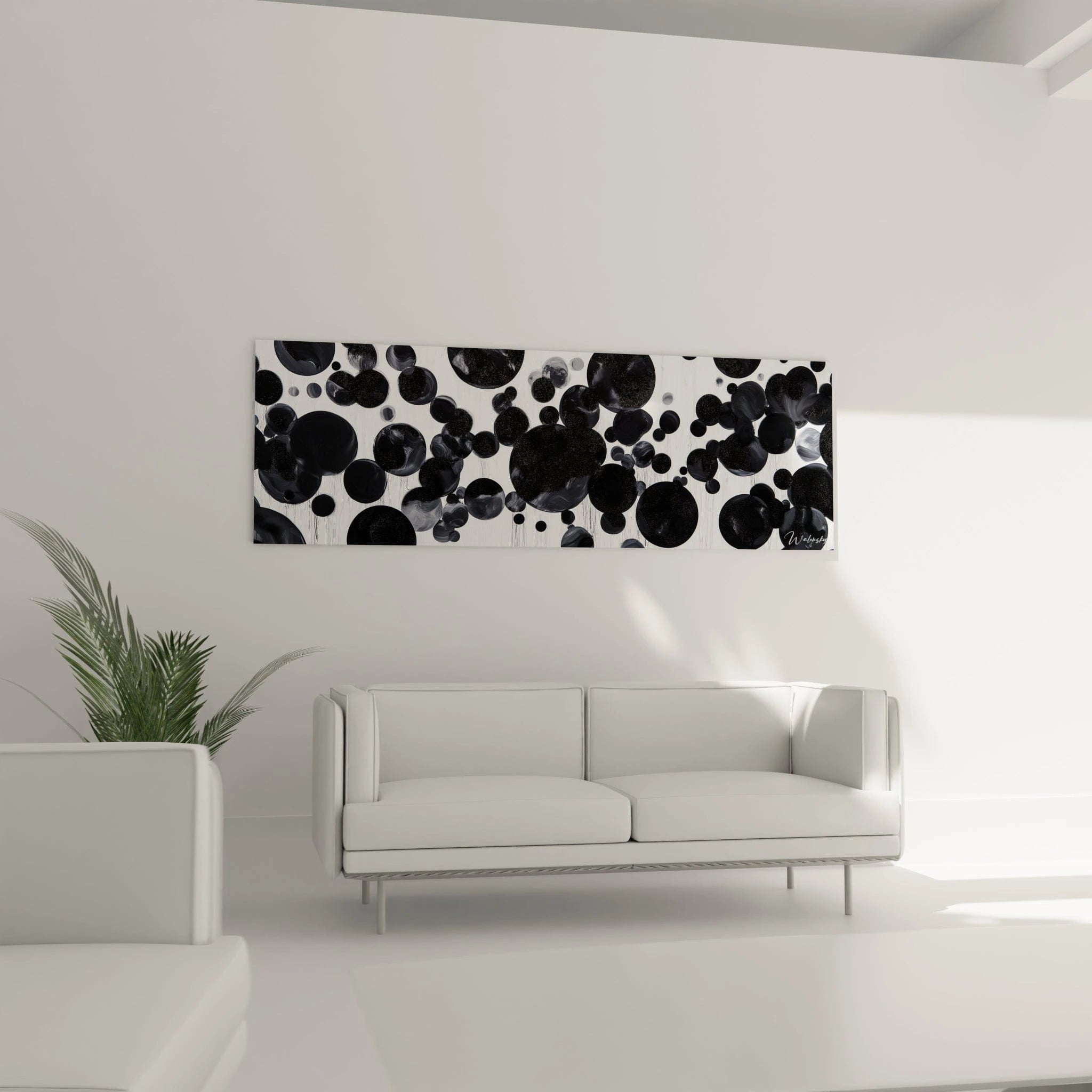 Tableau tacheté noir et blanc de Walensky, parfait pour décorer un salon moderne