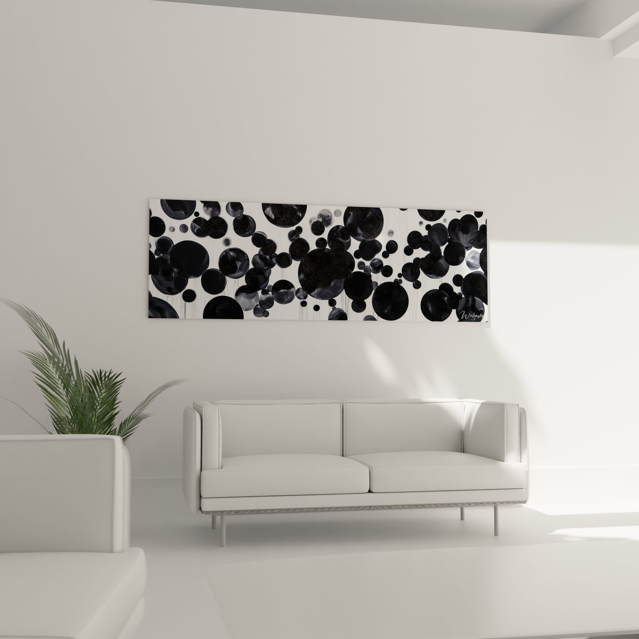 Tableau tacheté noir et blanc de Walensky, parfait pour décorer un salon moderne