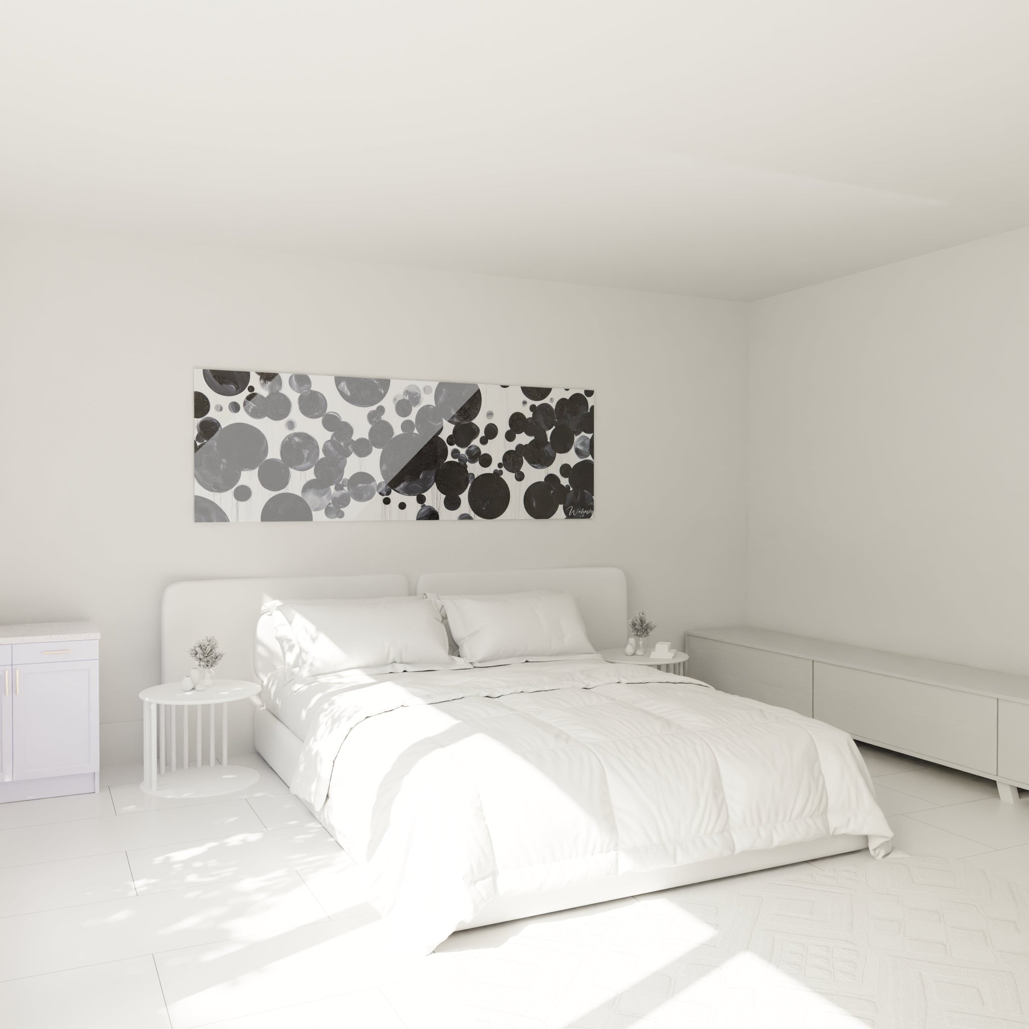 Tableau tacheté noir et blanc de Walensky dans une chambre moderne au style épuré