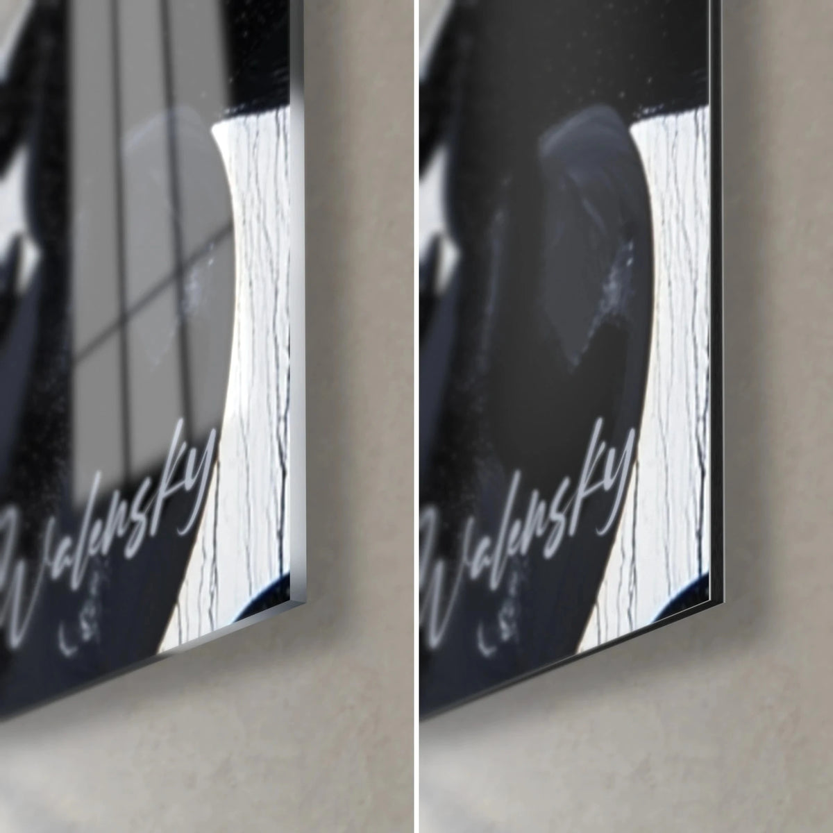 Wall art of black circles on a white background, bottom right corner: glossy acrylic glass with reflections and matte Dibond aluminium, 3 mm edge
