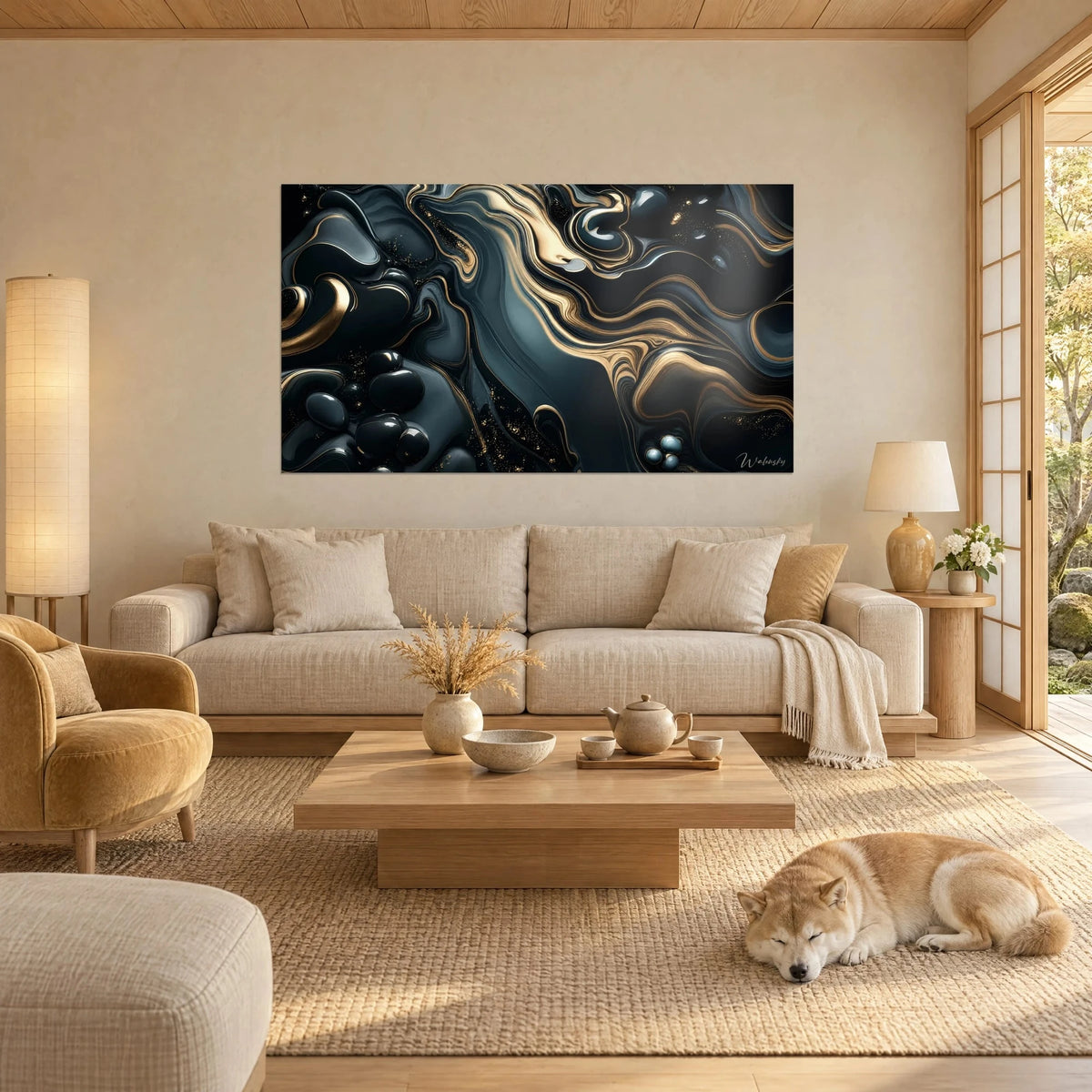 Schilderij met vloeiende zwart-gouden marmering in golvende lagen, glanzende gelakte kiezelstenen, slapende Shiba op een bank in een lichte woonkamer