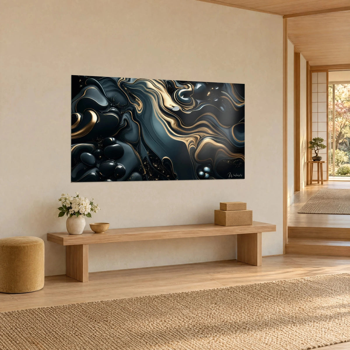 Schilderij met onyx-inktstromen geaderd met goud, kleine blauwig glanzende parels, tegen een crèmekleurige muur, houten bankje en vaas met witte bloemen