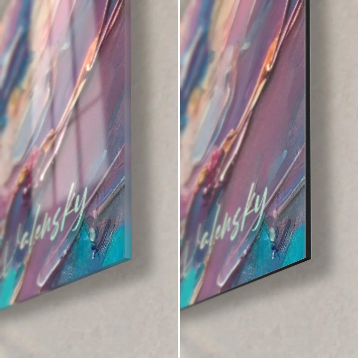 Wall art loggerhead turtle, bottom right corner: glossy acrylic glass on the left, matte Dibond on the right, 3 mm thickness, white signature