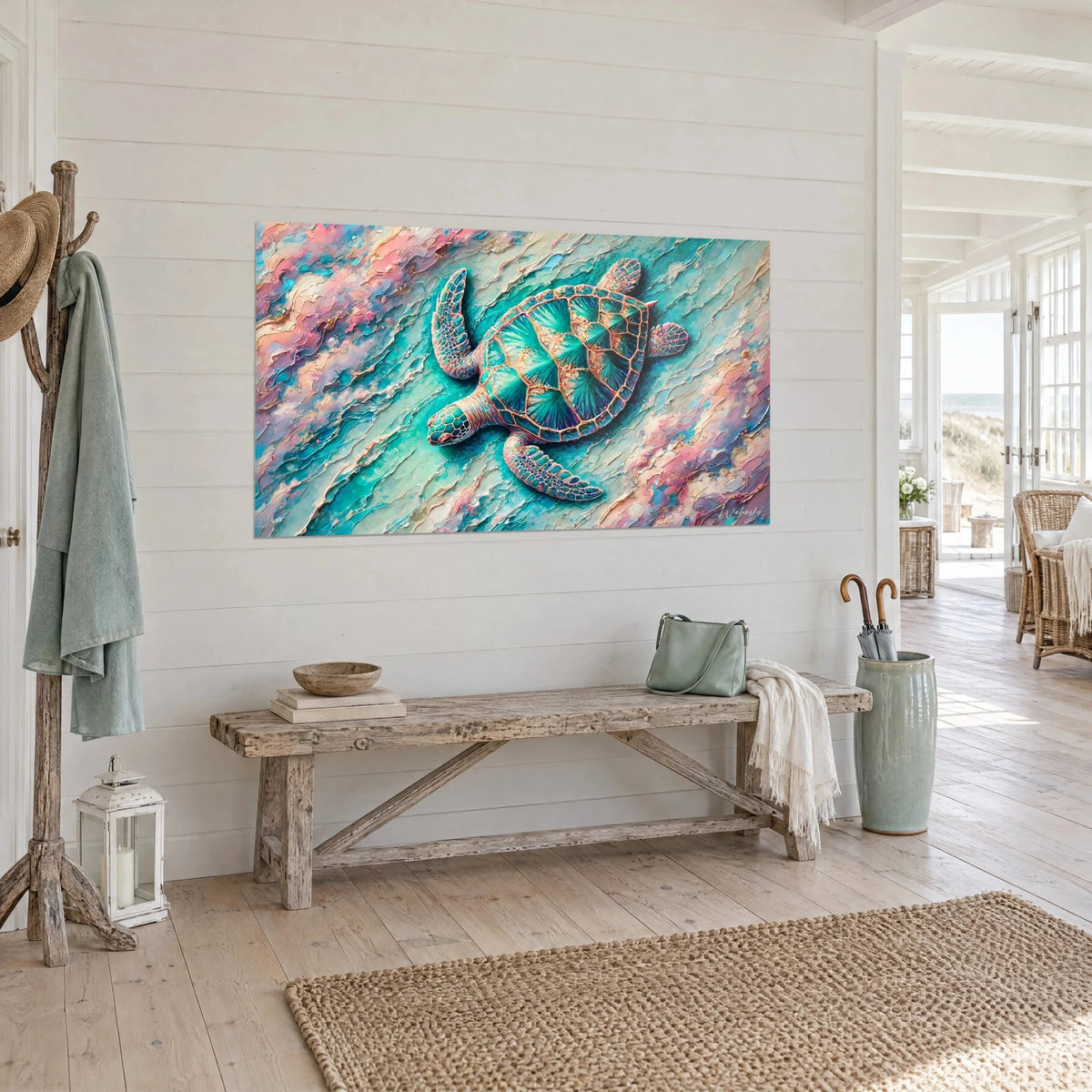 Wall art marine reptile with emerald and copper scales, embossed powder-pink waves, facing a weathered bench of a beach house