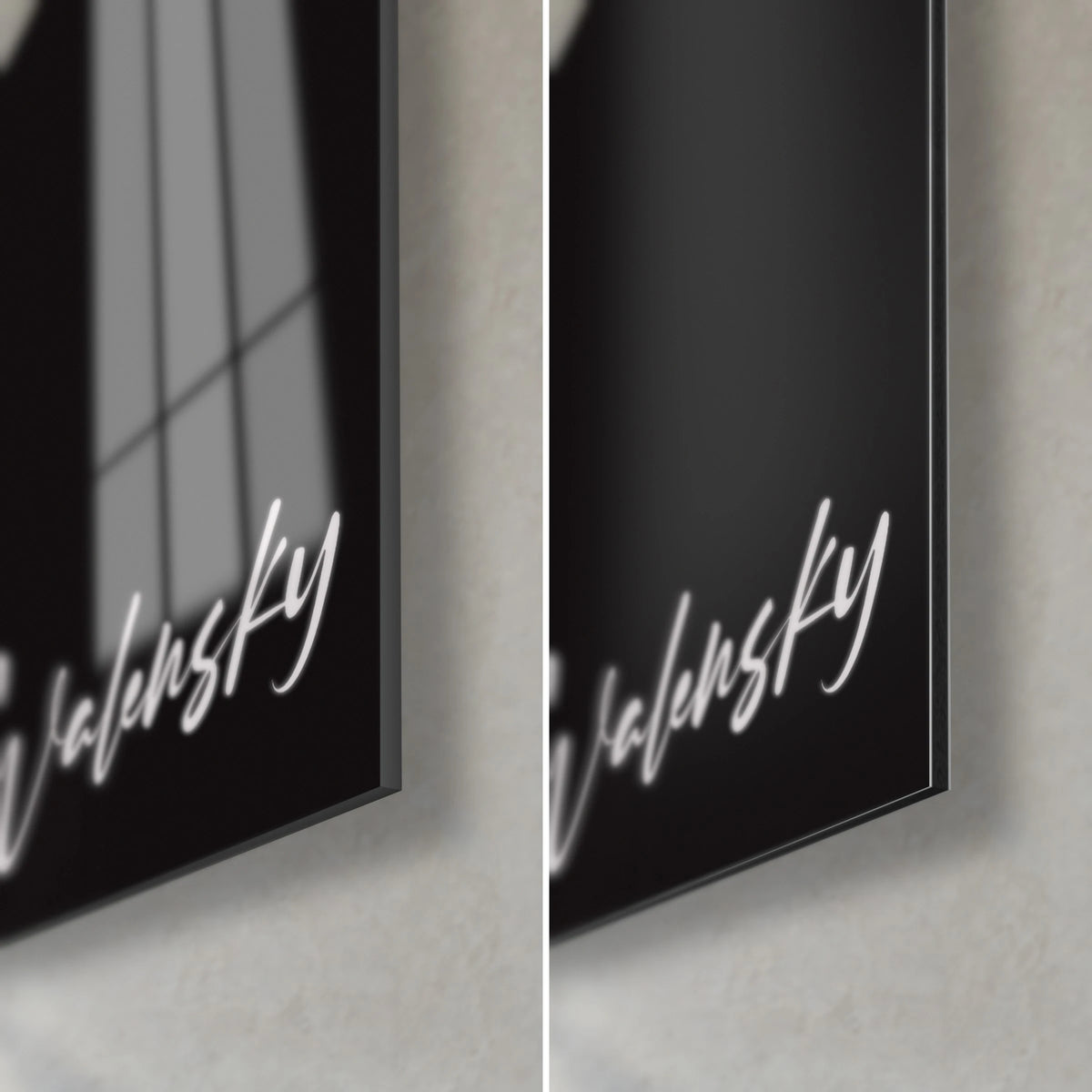 Tableau corps stylisé en noir et blanc, coin bas droit : verre brillant à reflets, Dibond mat, tranche de 3 mm, signature Walensky