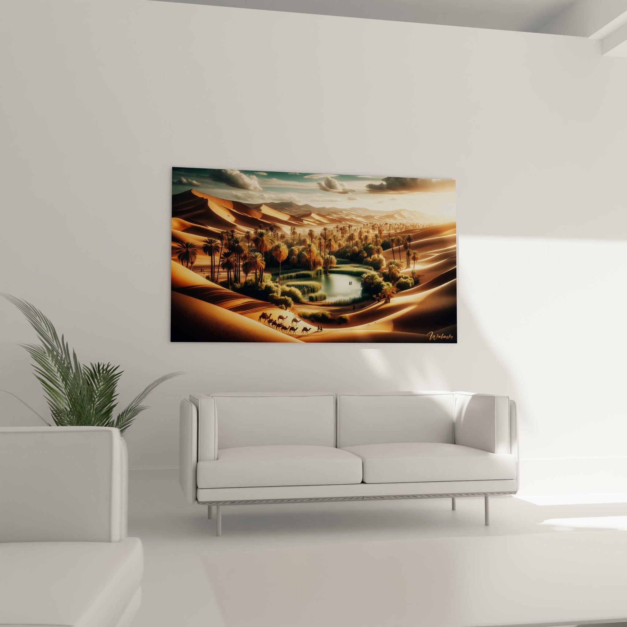 Tableau paysage figurant un désert vallonné avec une nappe d’eau bordée de palmiers, lumière rasante, textures granuleuses, et dégradés d’ocre, beige et vert profond.

