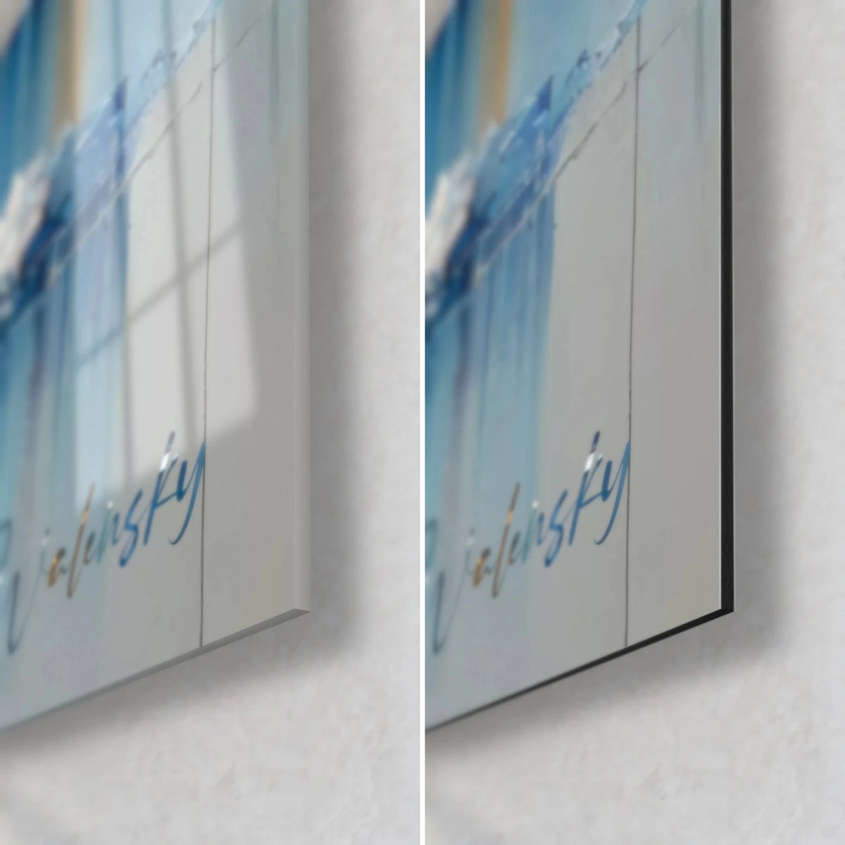 Gemälde blauer, reifbedeckter Eisberg in Spachteltechnik, untere rechte Ecke, links glänzendes Acrylglas, rechts matt satiniertes Dibond-Aluminium 3 mm