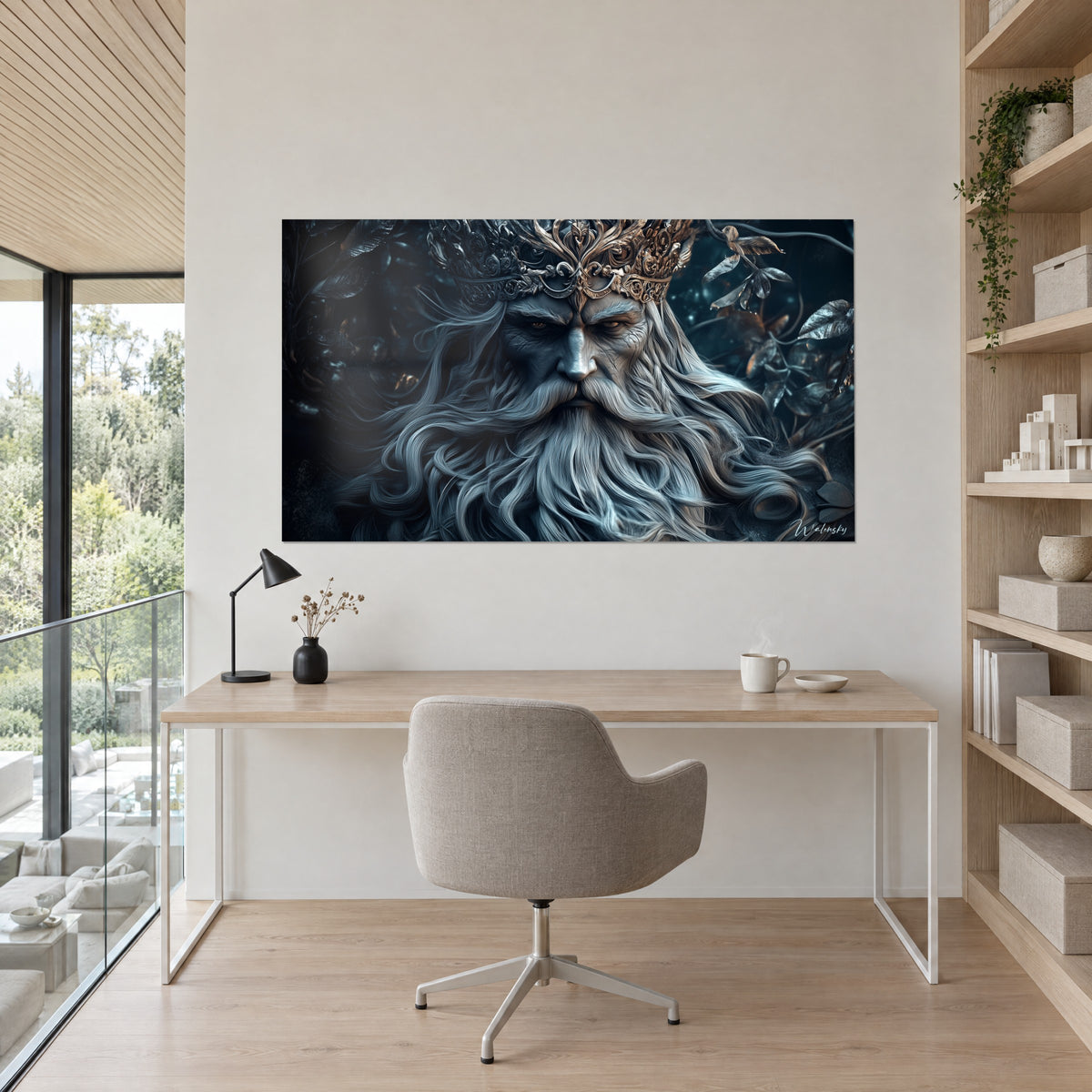 Schilderij van het gezicht van de god Odin, gebeeldhouwde rimpels en bronzen diadeem, zilvergrijze plukken op petroleumblauw, boven een bureau van licht hout