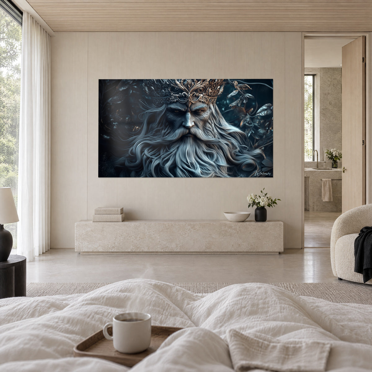 Schilderij van een vorst met amberkleurige ogen, grijze snor en baard, koperen diadeem op donkerblauwe achtergrond, boven een bed in een lichte slaapkamer
