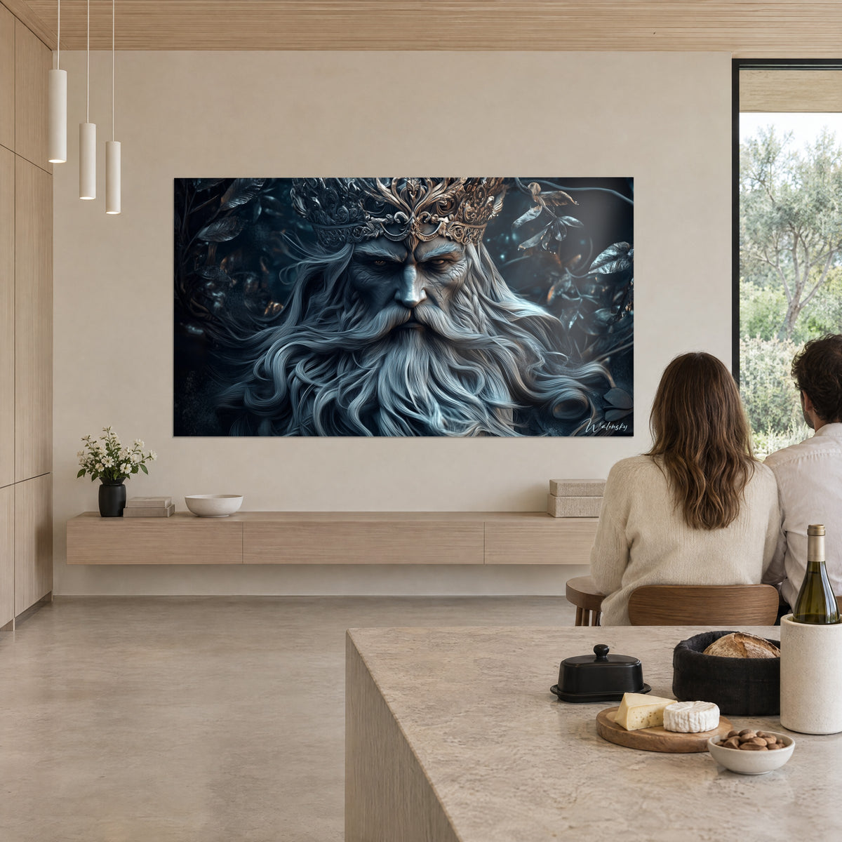 Schilderij van een godheid met golvende staalgrijze baard, gouden kroon en zilveren gebladerte, lichte muur, twee mensen met hun rug naar de kijker naast een stenen tafel