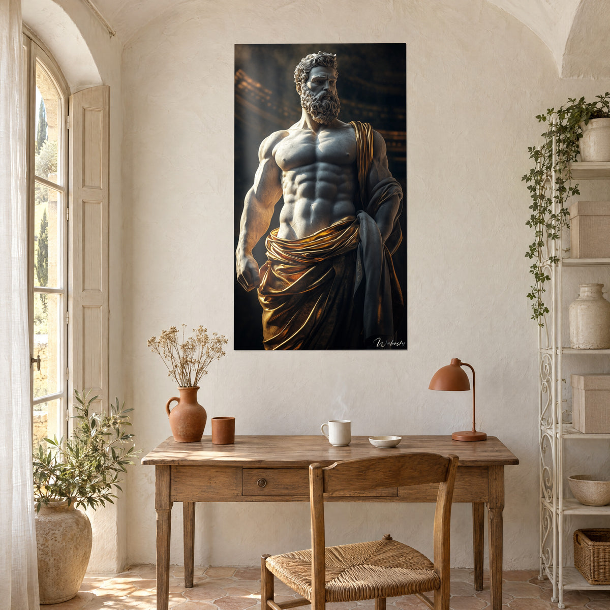Wall art portrait of a mythical king in white stone and golden cloak, sculpted abs against a shadowy background, in a light wood office