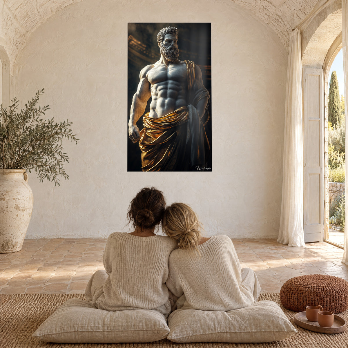 Wall art Midas as an ivory marble statue, gold drape and charcoal grey, clenched fist, in a large vaulted living room bathed in light