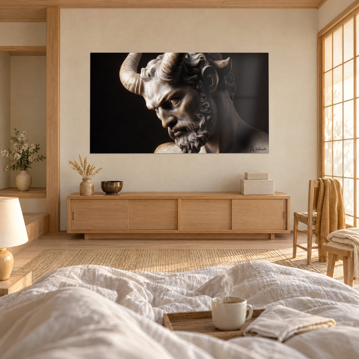 Cuadro cabeza esculpida de cuernos curvados, mármol crema y ocre sobre fondo negro, dos personas de espaldas, encima de una cama en un dormitorio luminoso