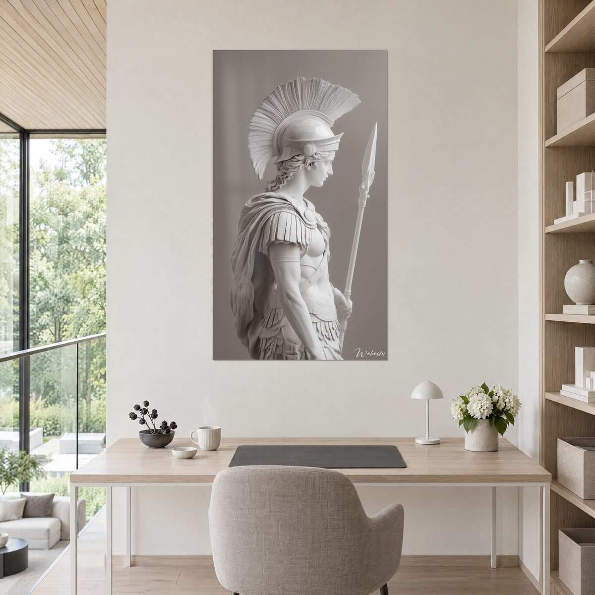 Cuadro de un retrato escultórico de una divinidad griega, coraza emplumada blanca sobre fondo topo, frente a un escritorio de madera clara