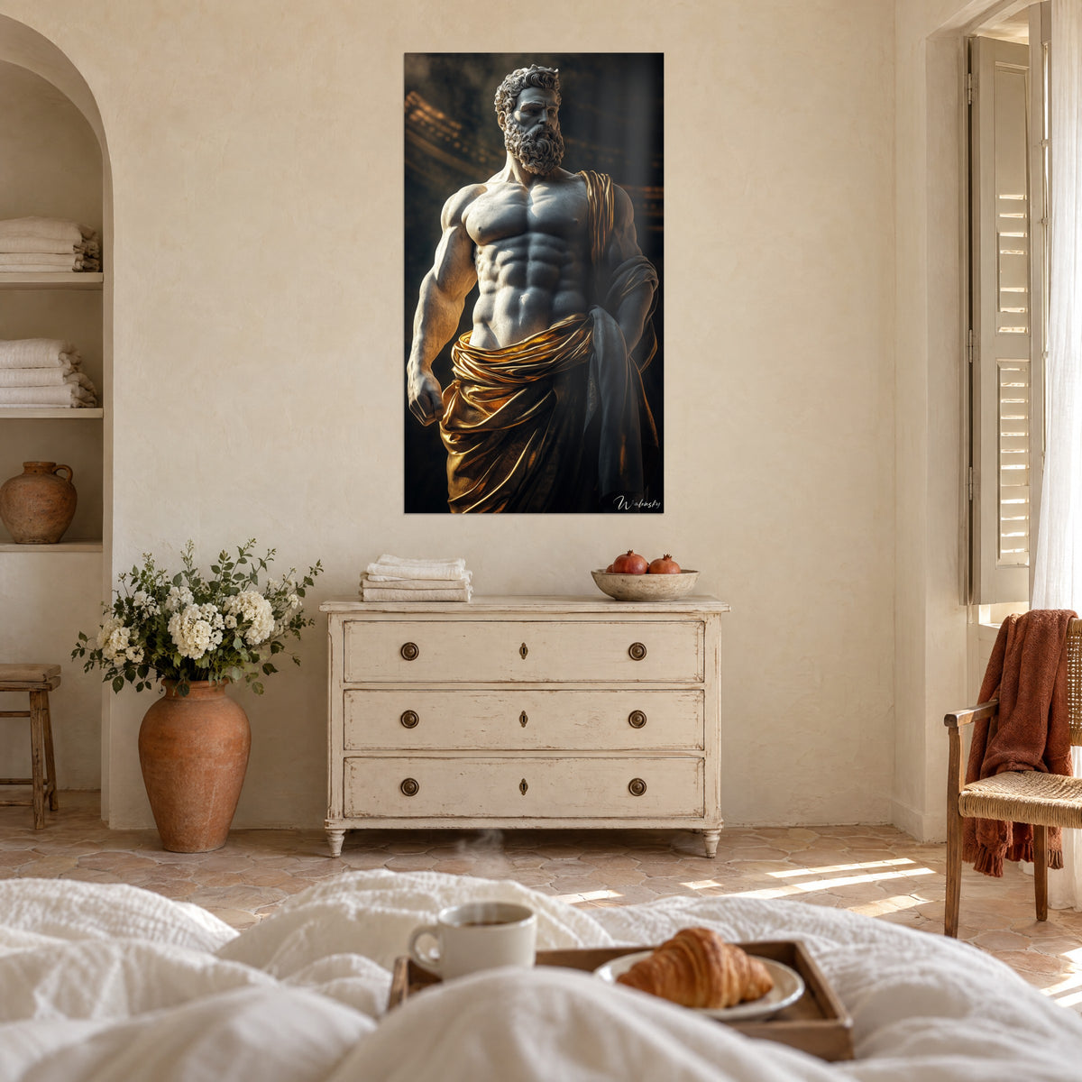 Wall art muscular ancient sovereign, pale grey marble and golden silk folds, curly beard against a brown background, above a bed in a bright bedroom