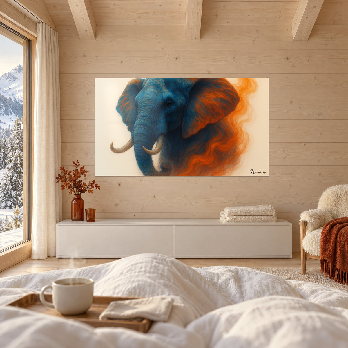 Cuadro mamífero gigante azul noche con llamas naranjas y fondo crema, sobre una cama en un dormitorio claro