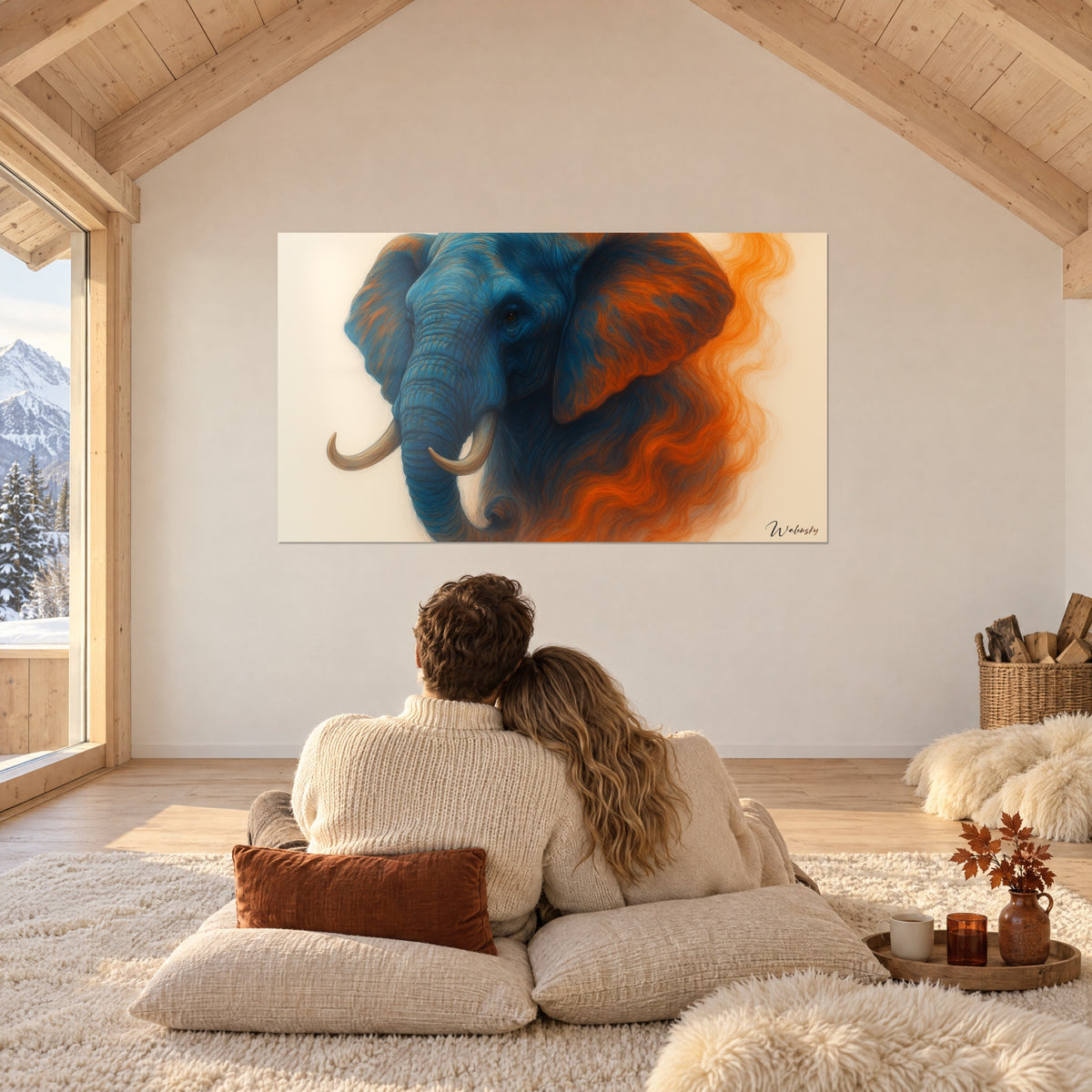 Cuadro elefante mítico en azul profundo y humo naranja sobre fondo marfil, contemplado por una pareja tumbada bajo las vigas