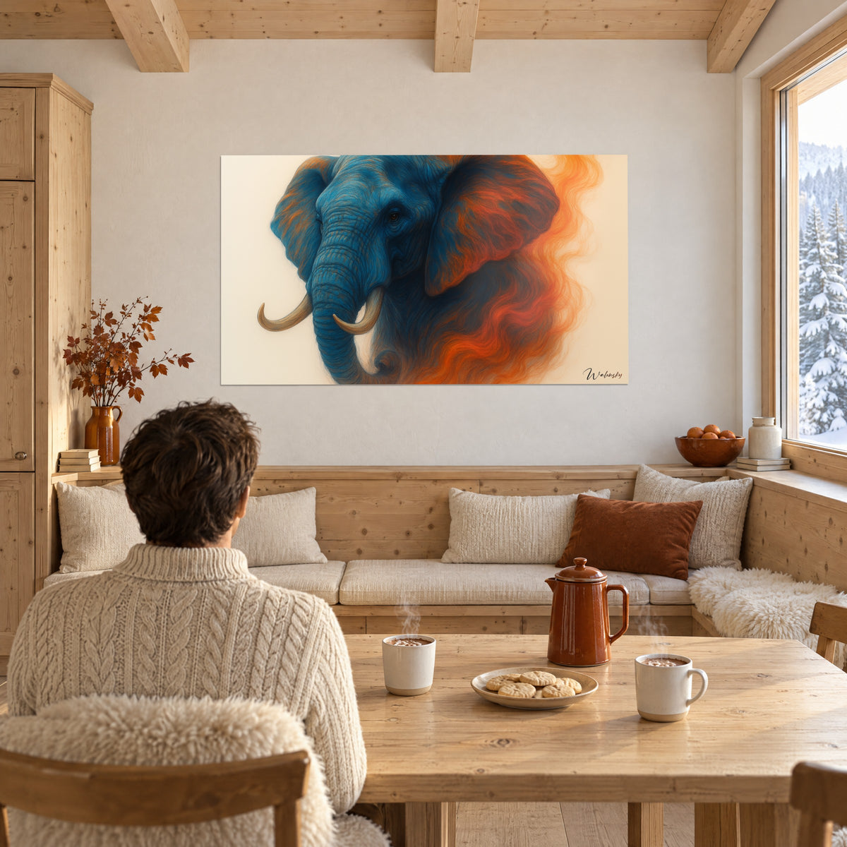 Cuadro trompa de elefante arrugada en azul ultramar, colmillos beige y vetas rojizas, frente a una pareja sentada a la mesa del chalet