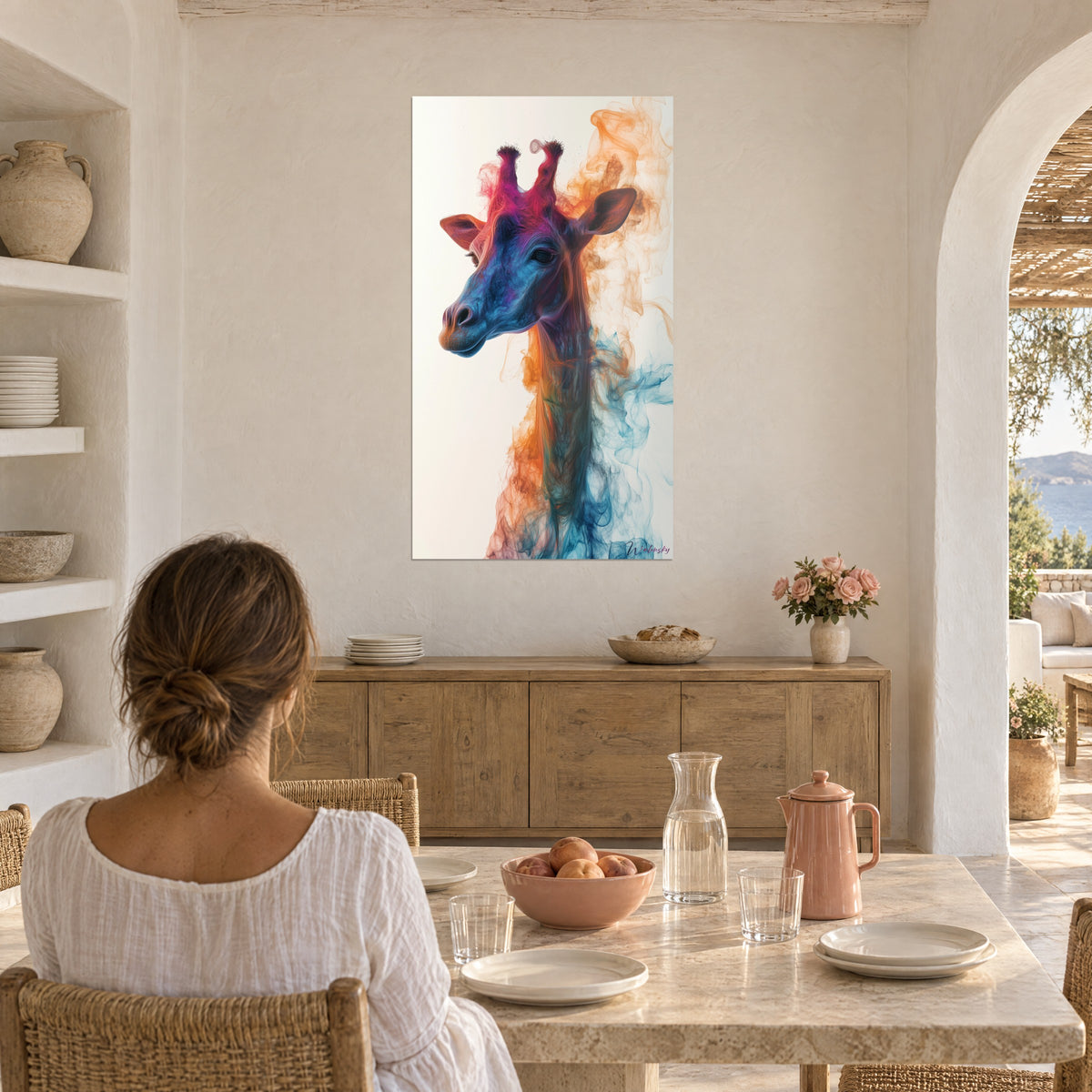 Cuadro cuello largo de jirafa en degradado azul y ámbar, mujer de espaldas a la mesa, pared encalada, jarra rosa, casa mediterránea