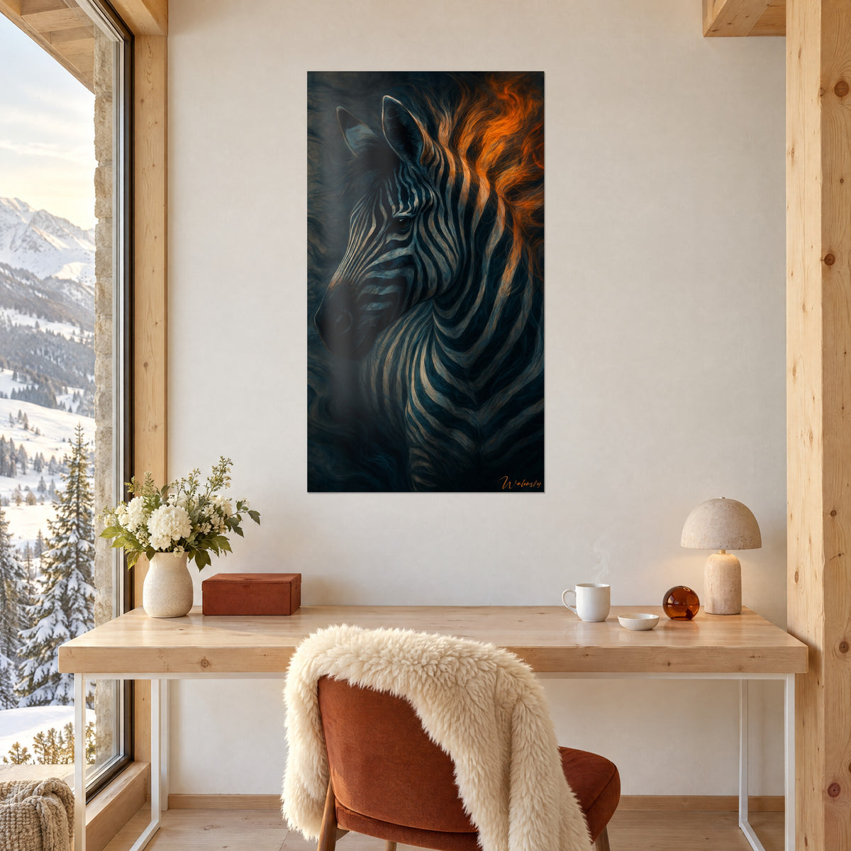 Tableau zébrure noir et sable sur fond bleu profond, crinière de feu orange, mur blanc au-dessus d'un bureau en bois clair et d'un bouquet
