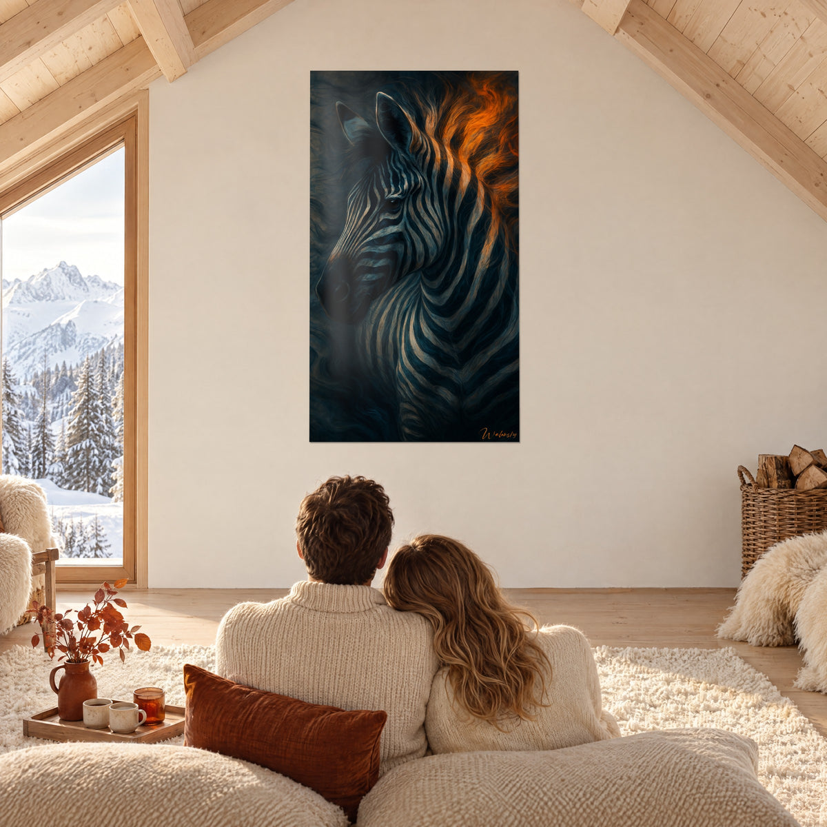 Tableau cheval rayé en clair-obscur bleu nuit, crinière orange incandescente, couple de dos sur un canapé face aux montagnes enneigées